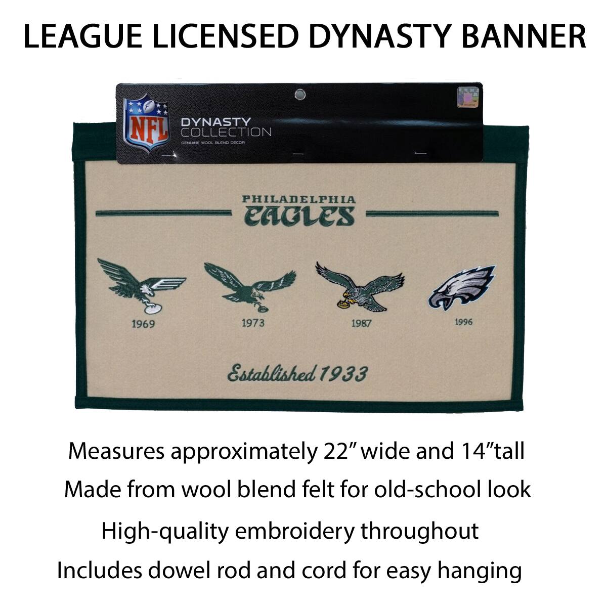 LEAGUE LICENSED DYNASTY BANNER

DYNASTY COLLECTION
NFL
GENUINE WOOL BLEND DECOR

PHILADELPHIA EAGLES
1969 1973 1987 1996
Established 1933

Measures approximately 22" wide and 14" tall
Made from wool blend felt for old-school look
High-quality embroidery throughout
Includes dowel rod and cord for easy hanging