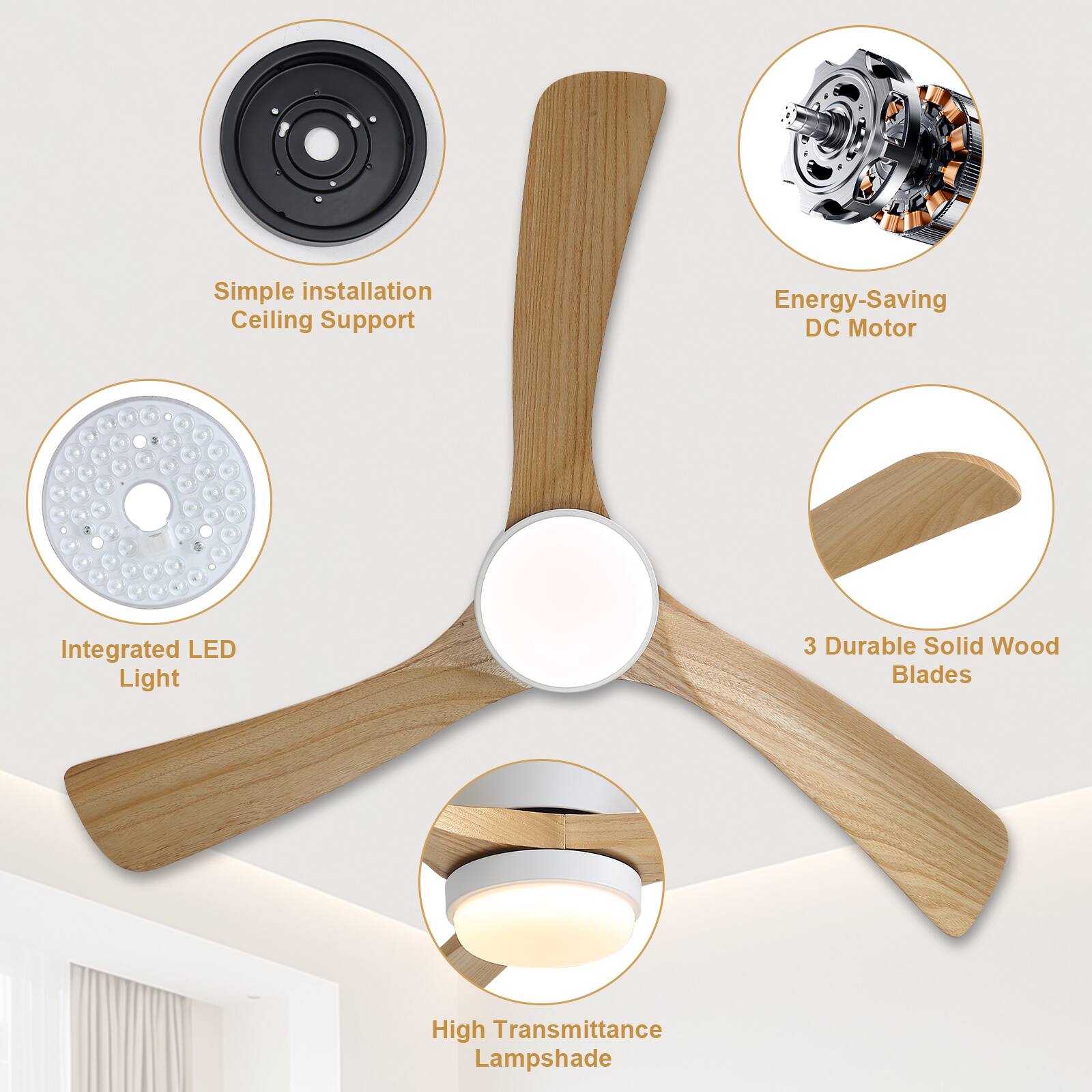 Simple installation Ceiling Support  
Energy-Saving DC Motor  
Integrated LED Light  
3 Durable Solid Wood Blades  
High Transmittance Lampshade