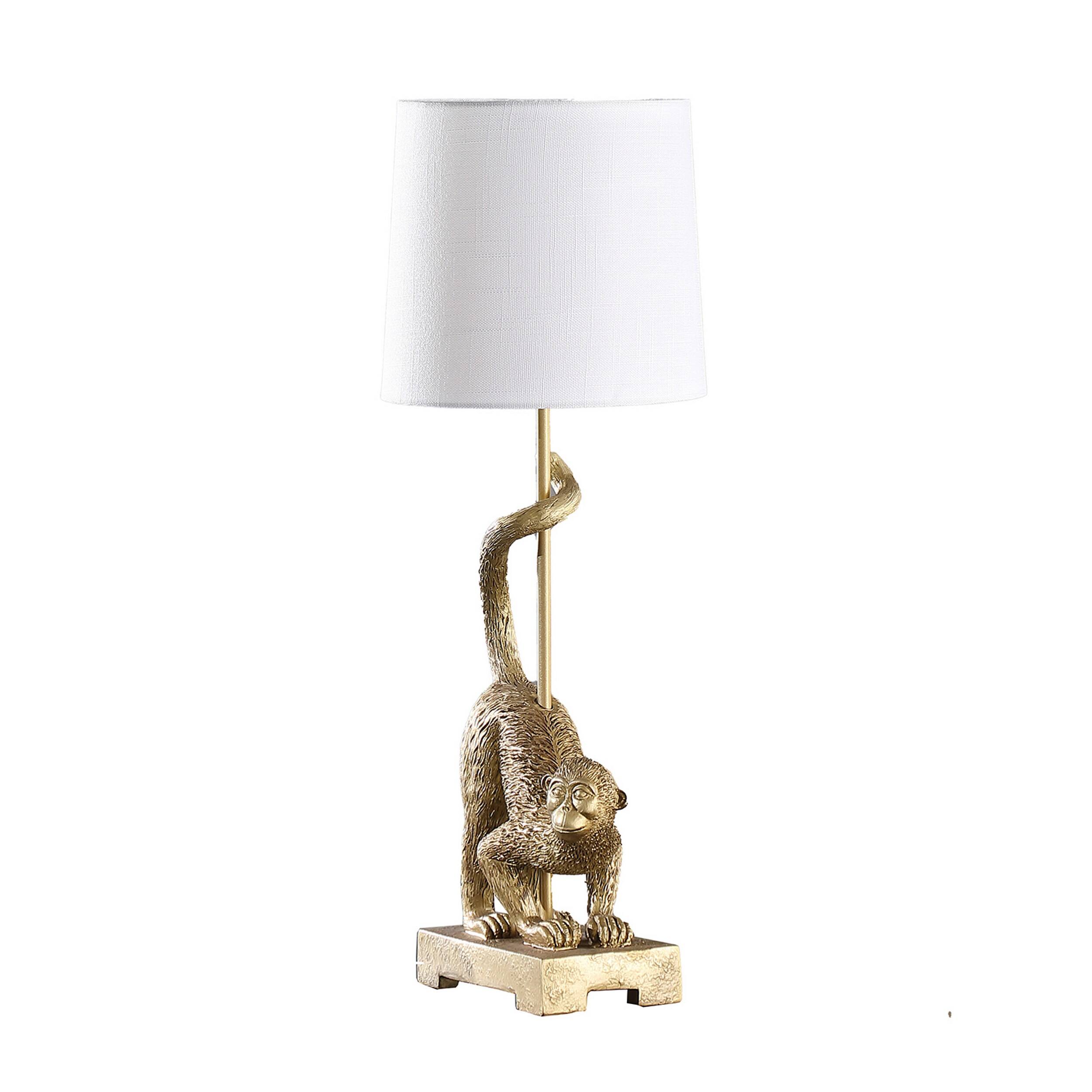 Angle. Manhattan Lane - Ree 24 Inch Accent Table Lamp, Monkey Resin Sculpture, Drum Shade - Gold, White.