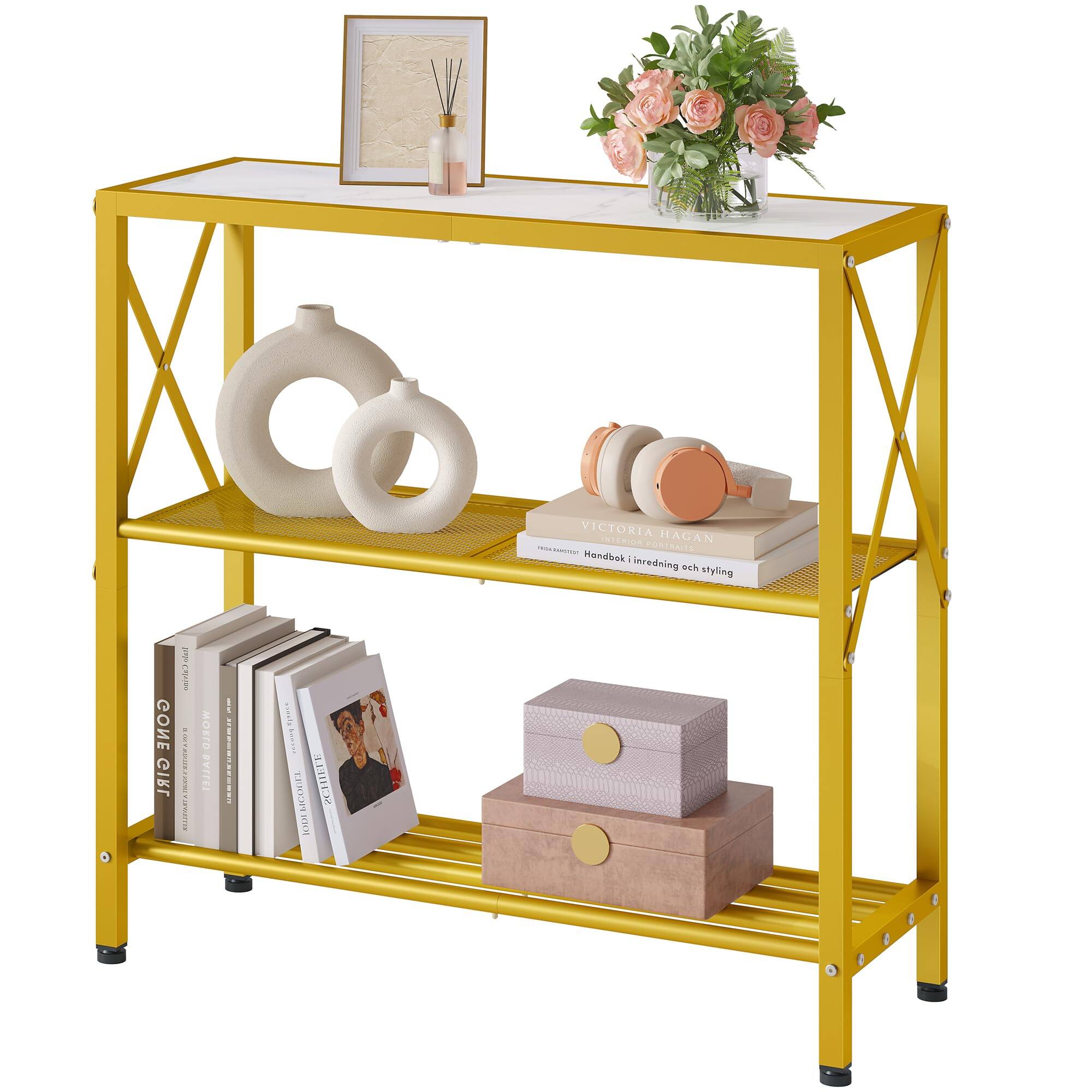 JETRANSPORT - Industrial Console Table 3-tier Entryway Metal Frame Sofa Tables With Shelf Hallway Desk Entrance For Living - Gold&white