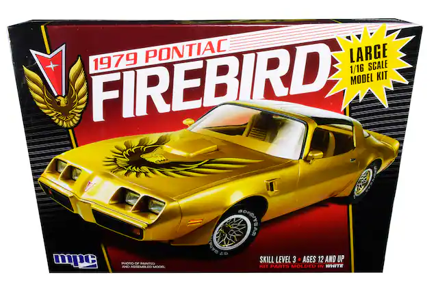 1979 PONTIAC FIREBIRD LARGE 1/16 SCALE MODEL KIT
COODIVEAS RAMA
SKILL LEVEL 3
AGES 12 AND UP
PHOTO OF PAINTED AND ASSEMBLED MODEL KIT PARTS
MOLDED IN WHITE