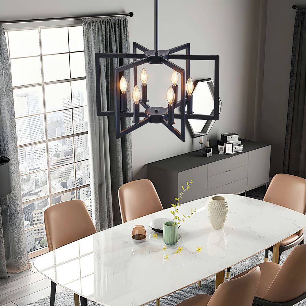 Alt View 5. Kadyn - 22" Modern Black Geometric 6-Light Chandelier – Industrial Metal Pendant Light Fixture, Black - Black.