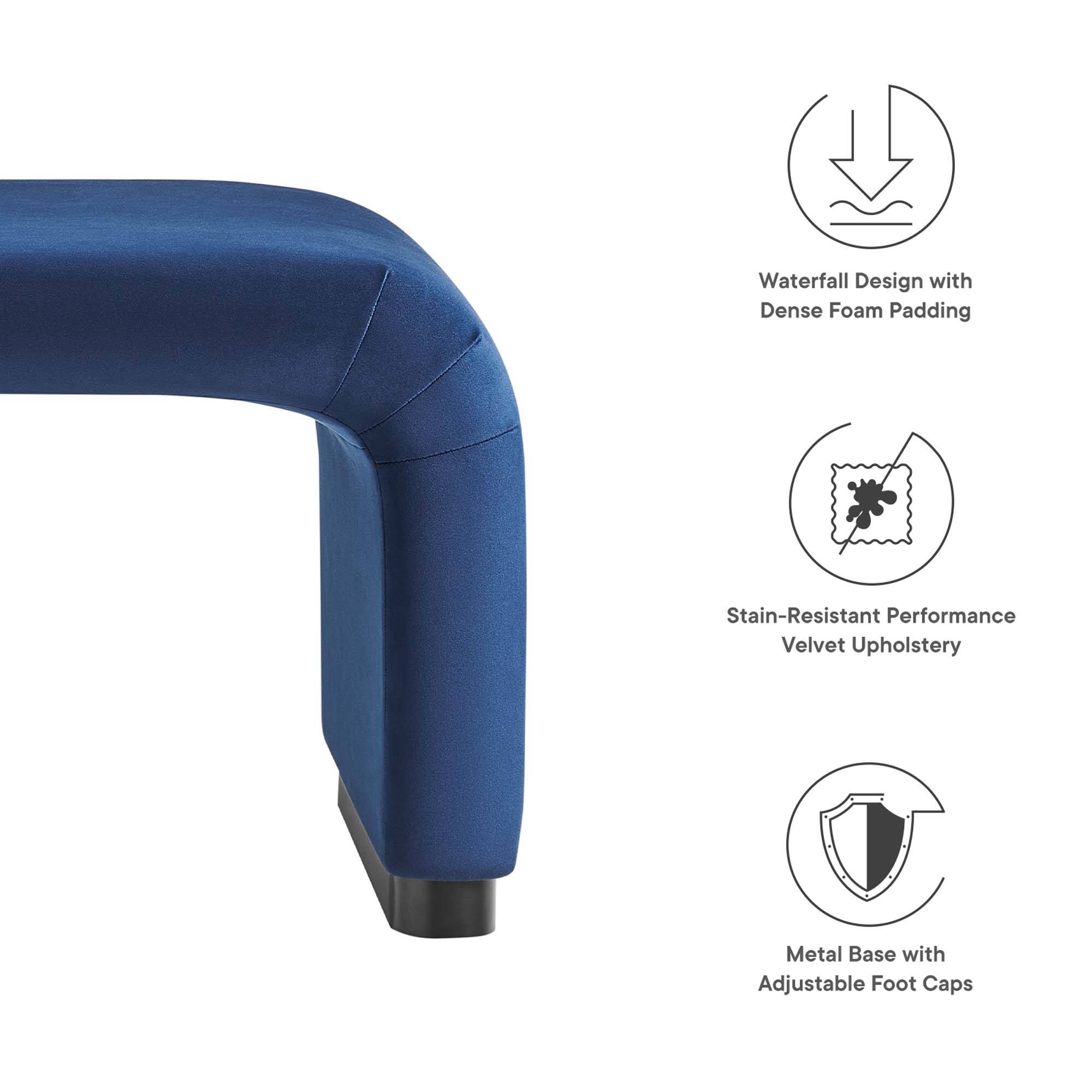Waterfall Design with Dense Foam Padding  
Stain-Resistant Performance Velvet Upholstery  
Metal Base with Adjustable Foot Caps