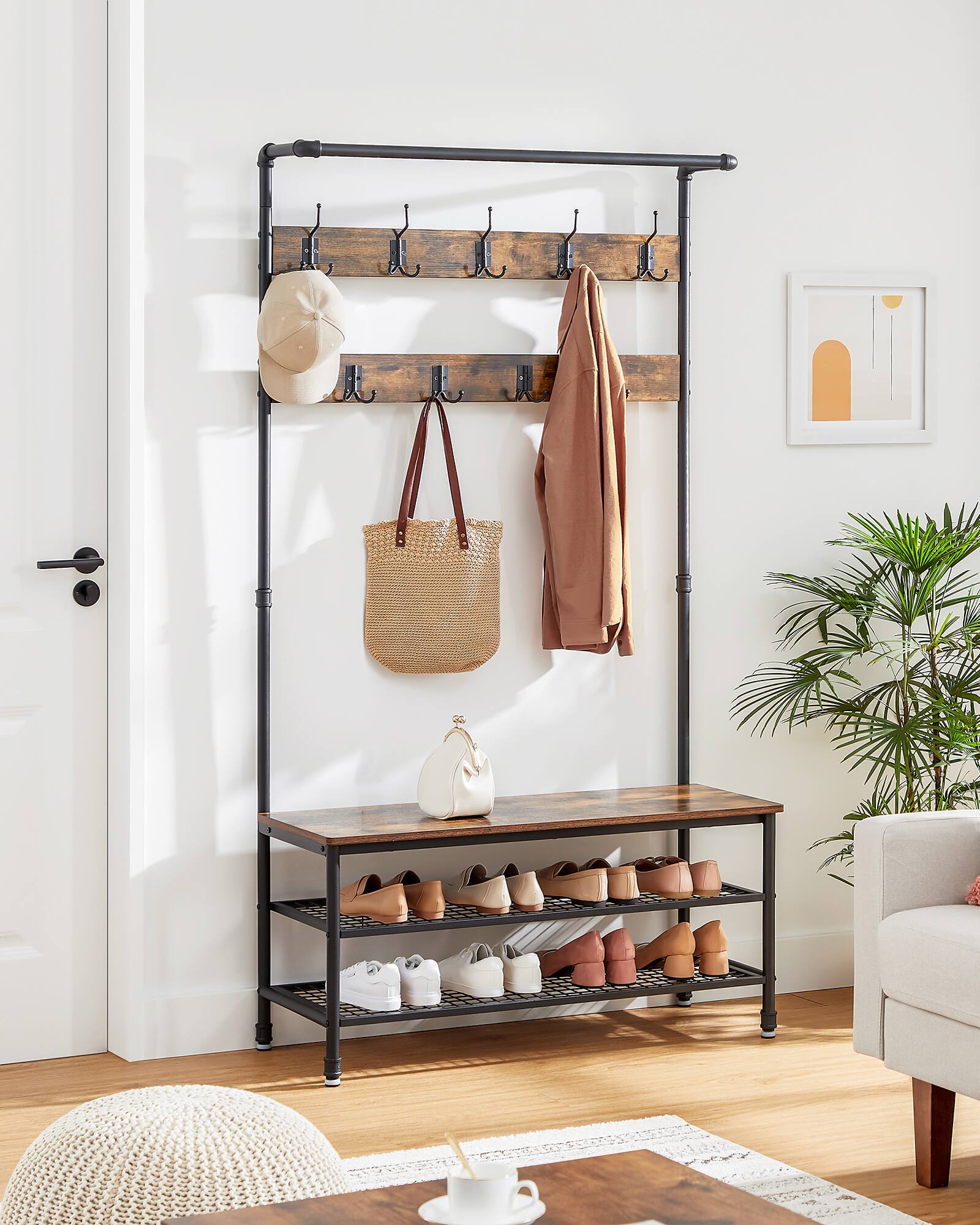 Left. Songmics Home - 3-in-1 Entryway Coat Rack and Storage Bench, Pipe Style Hall Tree with 9 Hooks, Multifunctional, Sturdy Steel Frame - Rustic Brown and Black.