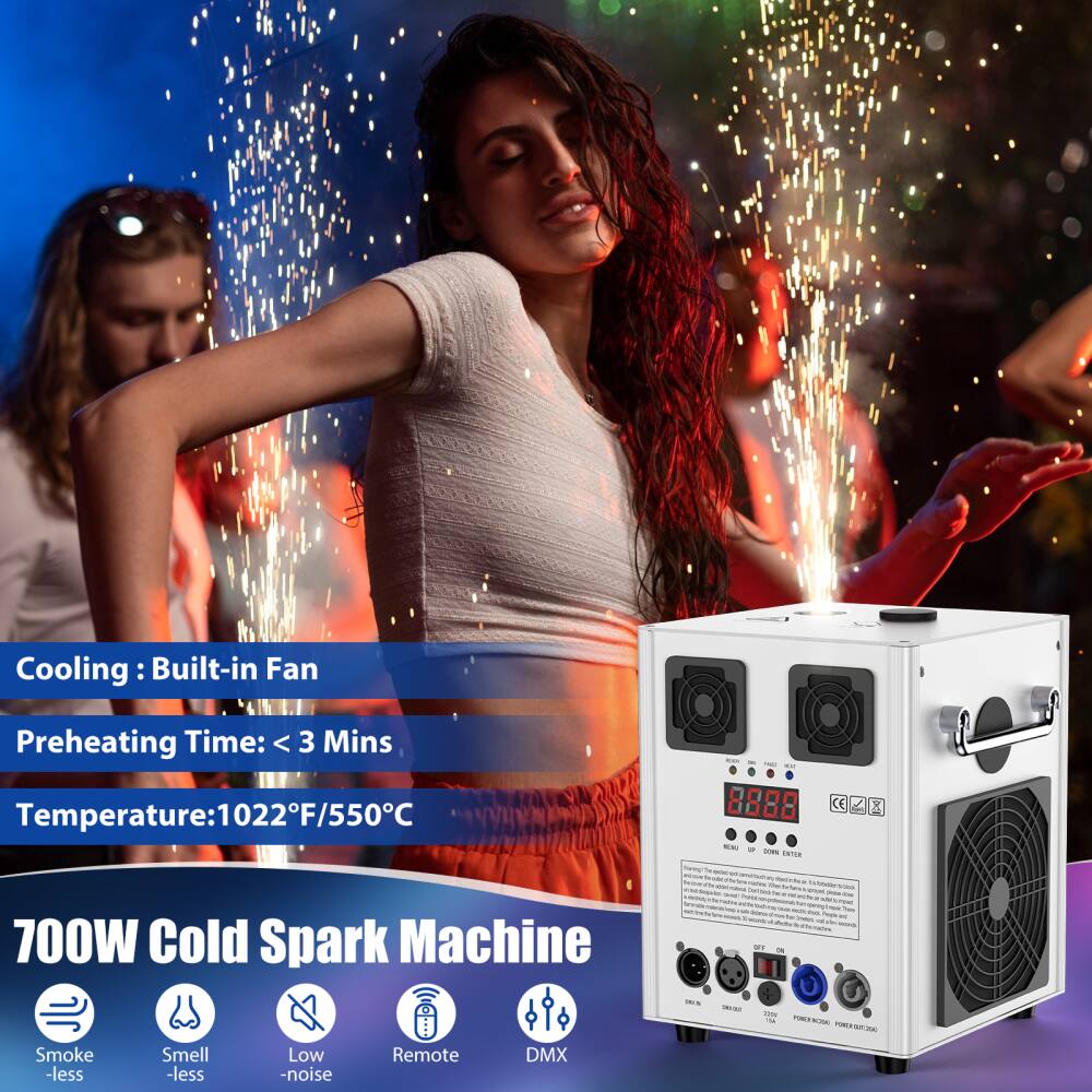 Cooling: Built-in Fan  
Preheating Time: < 3 Mins  
Temperature: 1022°F/550°C  

700W Cold Spark Machine  

- Smoke-less  
- Smell-less  
- Low-noise  
- Remote  
- DMX
