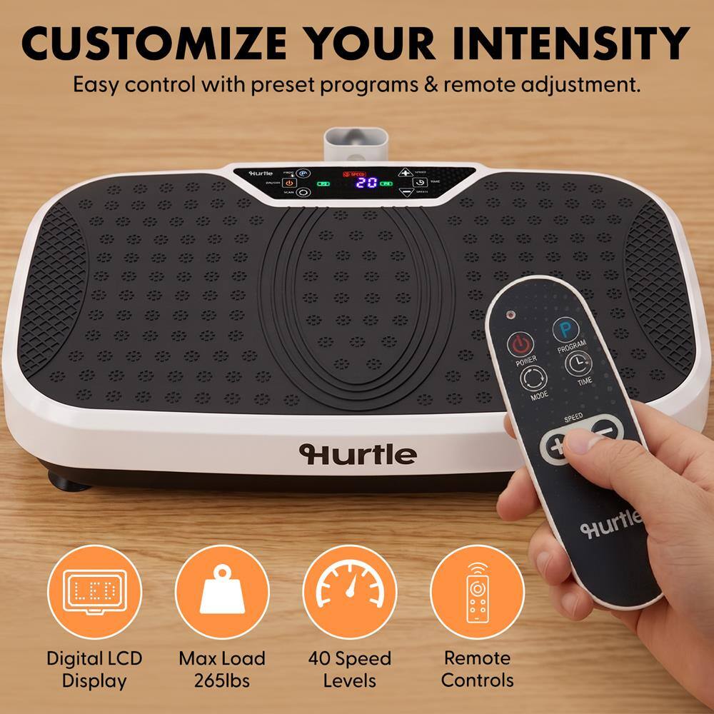 CUSTOMIZE YOUR INTENSITY  
Easy control with preset programs & remote adjustment.  

Hurtle  
PROGRAM  
POWER  
TIME  
MODE  
SPEED  

Digital LCD Display  
Max Load 265lbs  
40 Speed Levels  
Remote Controls
