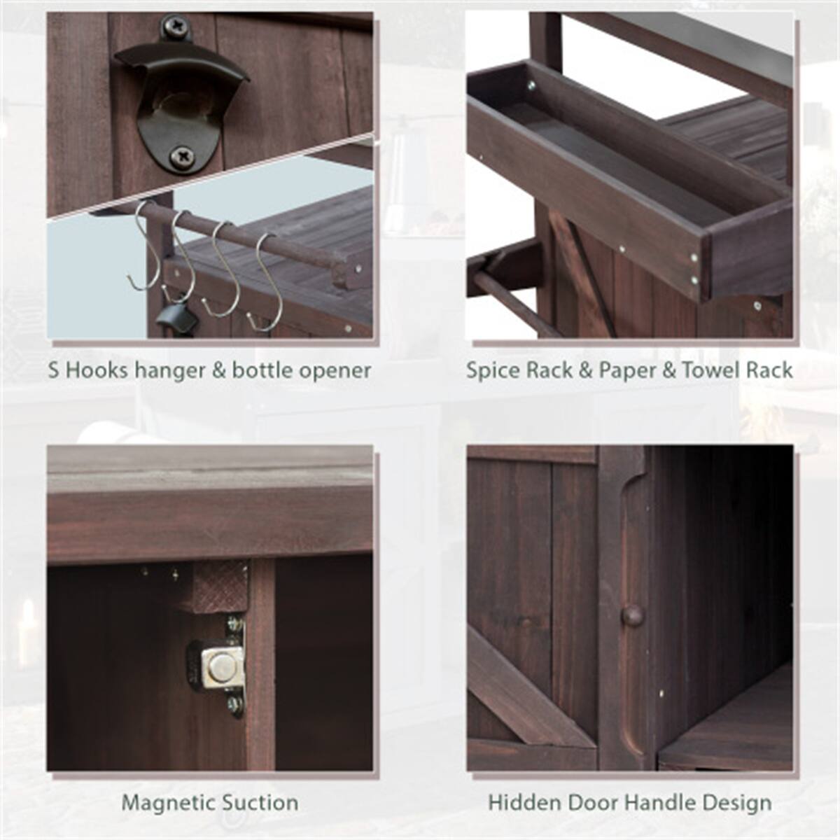 - S Hooks hanger & bottle opener
- Spice Rack & Paper & Towel Rack
- Magnetic Suction
- Hidden Door Handle Design