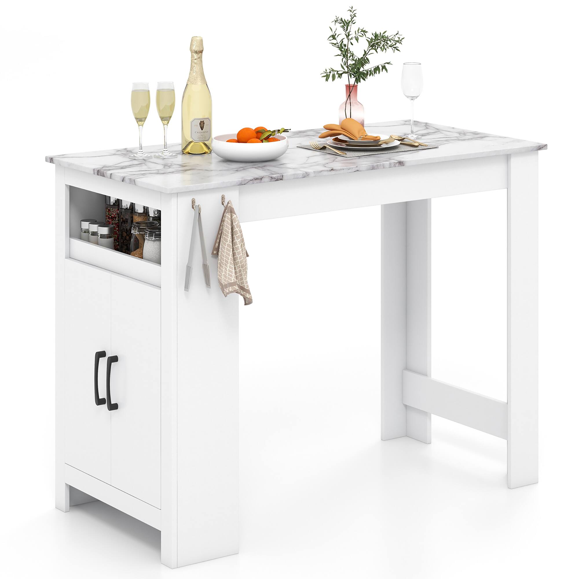 Front. Gymax - Gymax 47'' Long Counter Height Table Bar Table Faux Marble Pub Table w/ Cabinet - White.