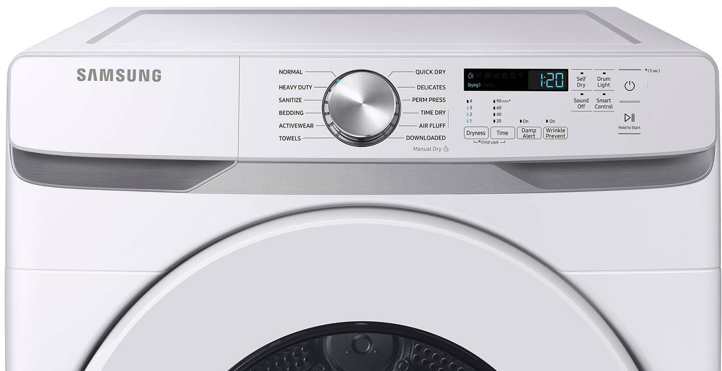 The text on the image is grouped as follows:

1. SAMSUNG NORMAL HEAVY DUTY SANITIZE BEDDING ACTIVEWEAR TOWELS QUICK DRY DELICATES PERM PRESS TIME DRY AIR FLUFF DOWNLOADED Manual Dry Drying Cooling 4 90 min* 3 60 N 40 5 20 Dryness Time Chilld Lack RES sec 1:20 Self Drum Dry Light Sound Smart Off Control On On DII Hold - Start Damp Wrinkle Alert Prevent

The corrected text is:

SAMSUNG NORMAL HEAVY DUTY SANITIZE BEDDING ACTIVEWEAR TOWELS QUICK DRY DELICATES PERM PRESS TIME DRY AIR FLUFF DOWNLOADED Manual Dry Drying Cooling 4 90 min* 3 60 N 40 5 20 Dryness Time Chilld Lack RES sec 1:20 Self Drum Dry Light Sound Smart Off Control On On DII Hold - Start Damp Wrinkle Alert Prevent