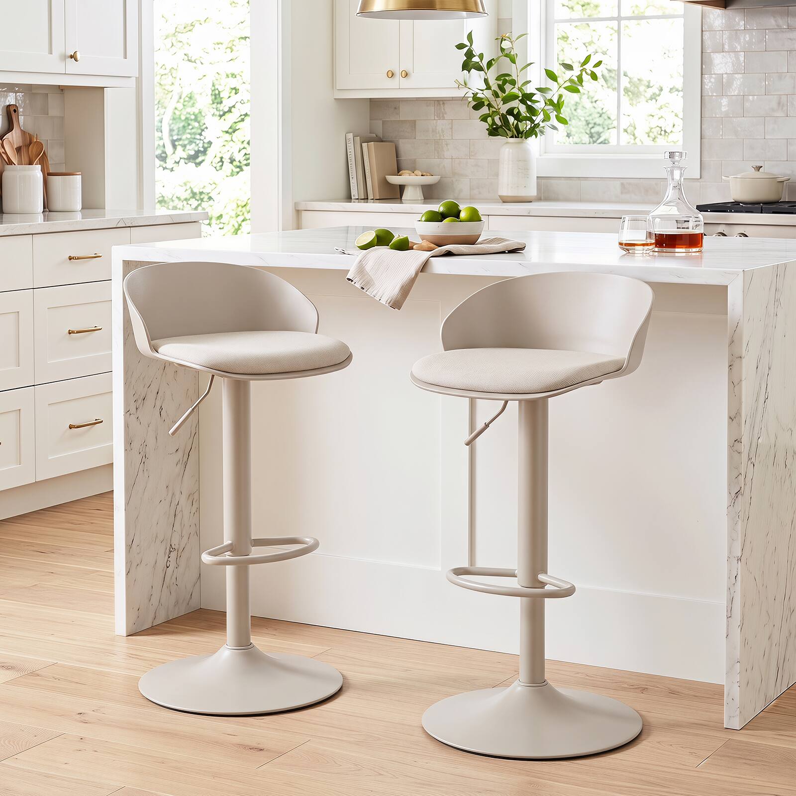 Alt View 5. Gymax - Gymax Set of 2 Adjustable Swivel Bar Stools w/ Back & Footrest Loads 330 Lbs Each Cream - Beige.