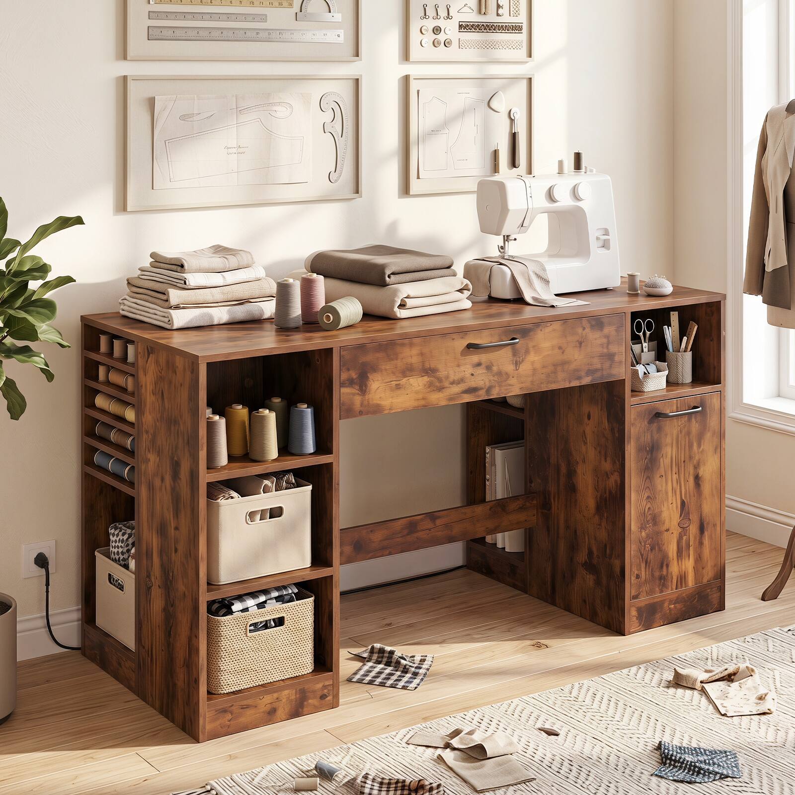 Alt View 1. Costway - Costway 53" Sewing Table with Power Outlets 2 Drawers Open Compartments 5 Removable Shelves - Rustic Brown.