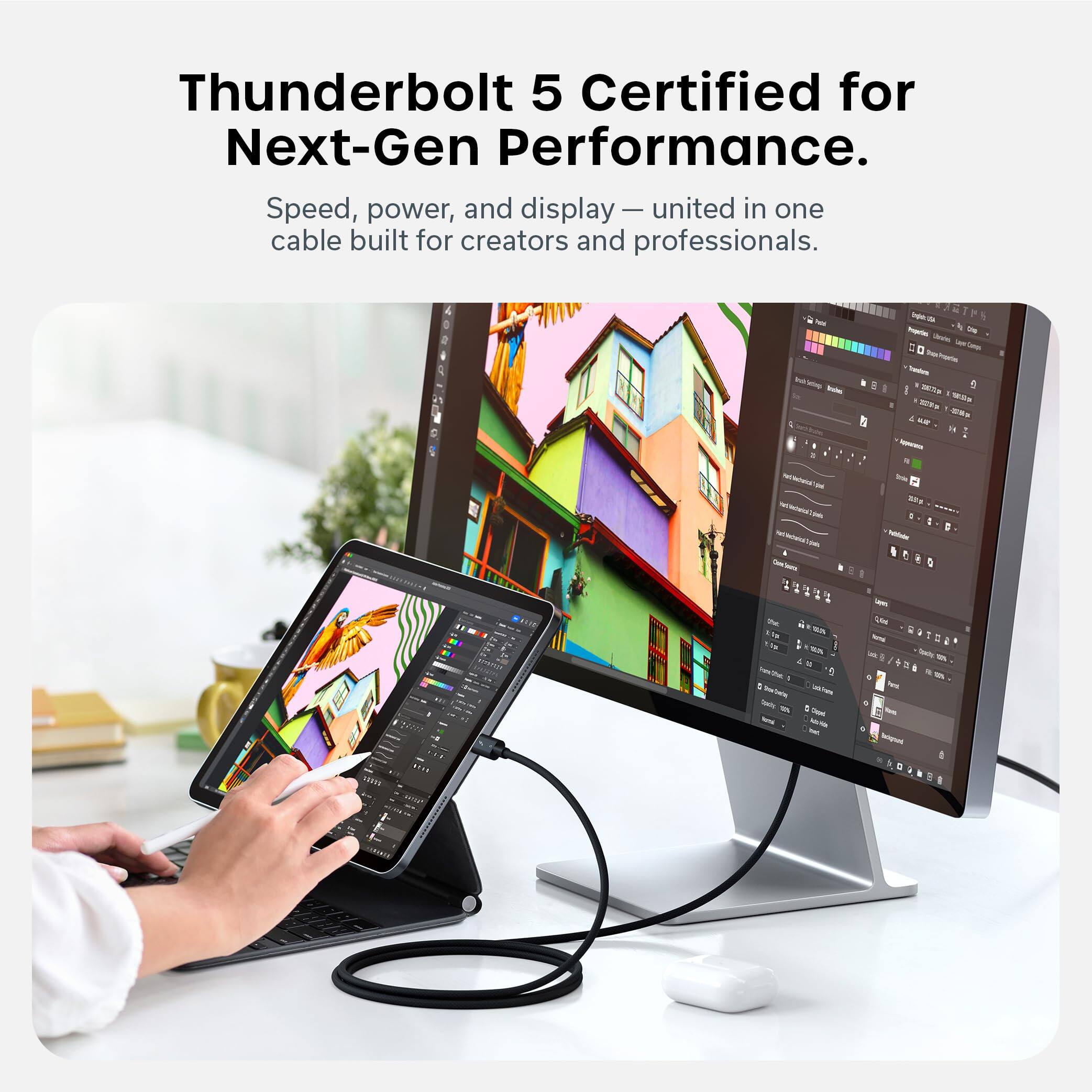 Thunderbolt 5 Certified for Next-Gen Performance.  
Speed, power, and display united in one cable built for creators and professionals.