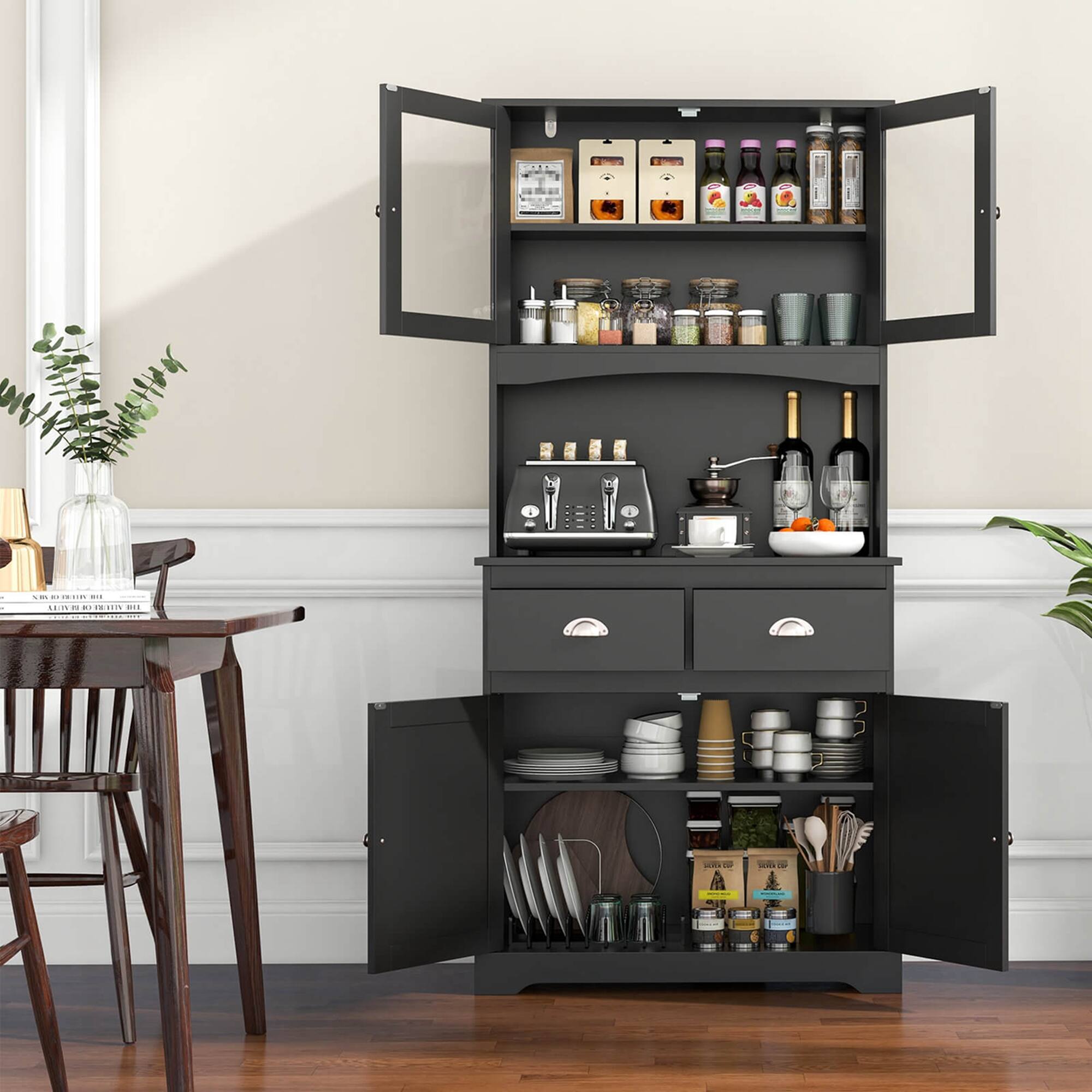 Alt View 4. Costway - 67" Kitchen Buffet Freestanding Pantry Cabinet Sideboard with Tempered Glass Doors - Black.