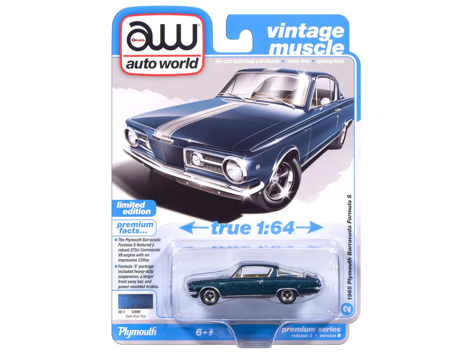 vintage muscle die-cast metal body and chassis rubber tires opening hood auto world limited edition premium facts... The Plymouth Barracuda Formula 5 featured a robust 273ci Commando V engine with an impressive 235hp. Formula S package included heavy-duty suspension, a larger front sway bar, and power-assisted brakes. EE-1 12996 Dark Blue Poly true 1:64 S Formula Barracuda Plymouth 1965 2 Plymouth 6+* premium series release 3 version B