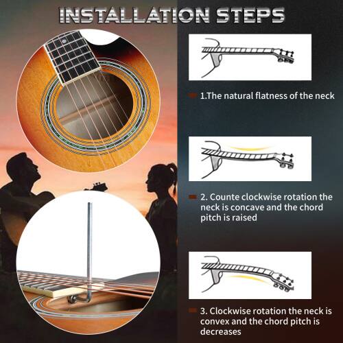 INSTALLATION STEPS
1. The natural flatness of the neck
2. Counterclockwise rotation the neck is concave and the chord pitch is raised
3. Clockwise rotation the neck is convex and the chord pitch is decreased