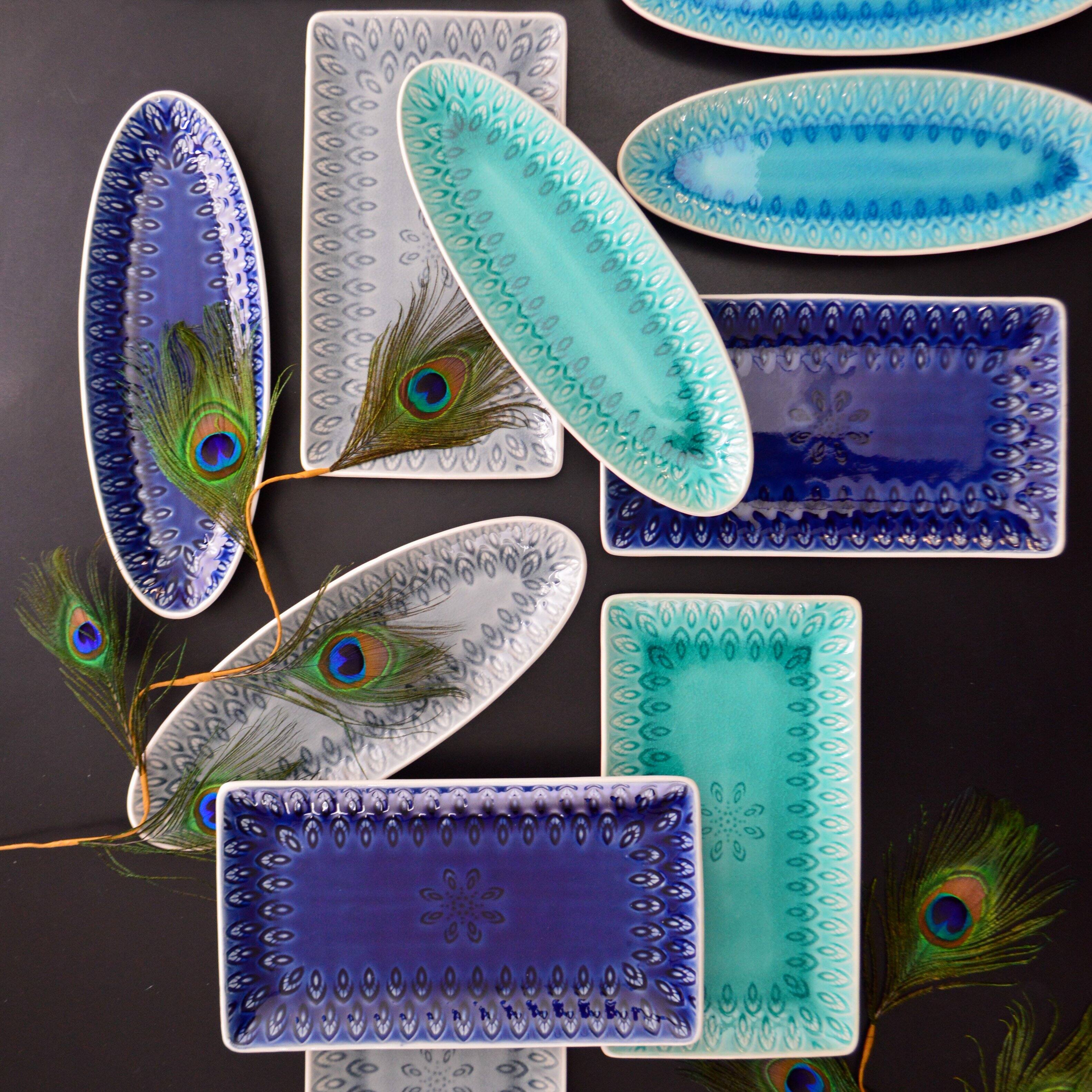 Back. Euro Ceramica Home - Peacock Stoneware Appetizer Serving Tray -- Grey - Grey.