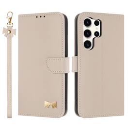 Dteck - For Samsung Galaxy S26 Ultra Premium Leather Cute Bow-knot Card Slot Kickstand Wallet Case With Crossbody/Wrist Strap - Apricot