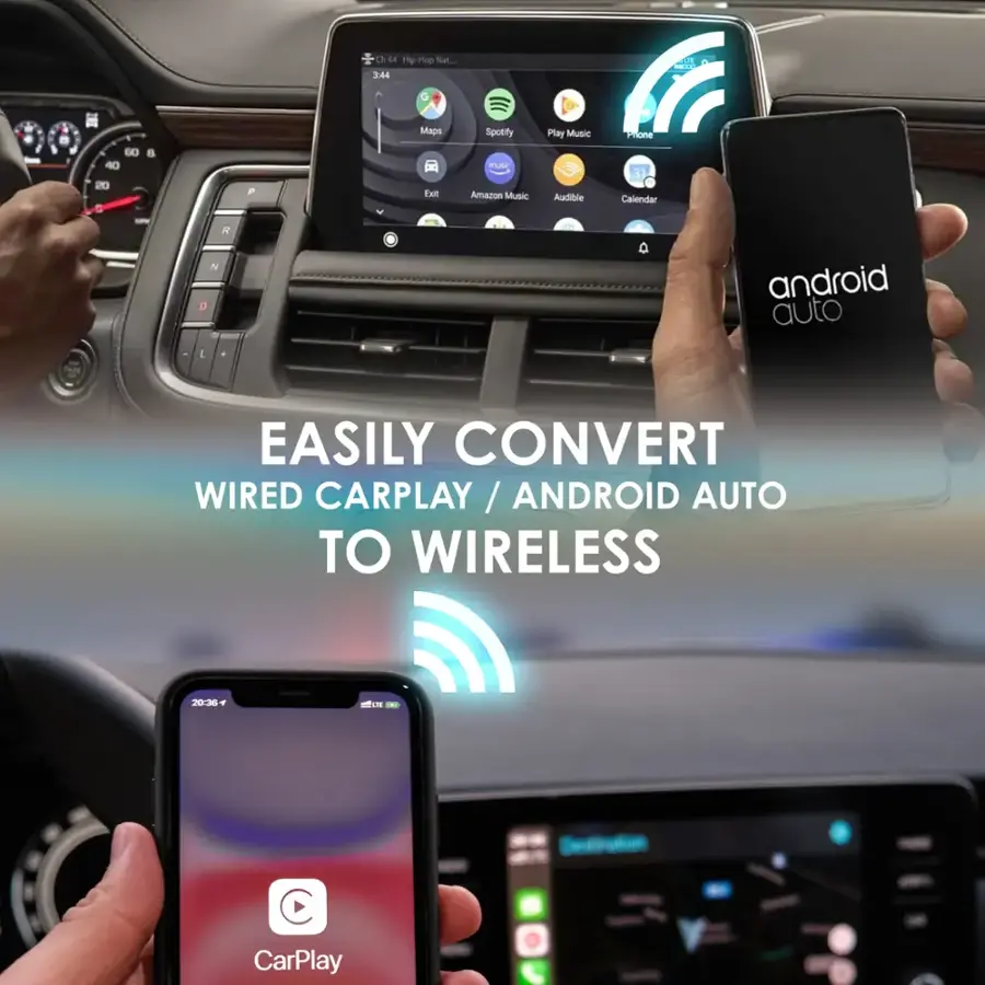 Easily Convert Wired CarPlay/Android Auto to Wireless

The image features a person holding a cell phone with the CarPlay app displayed on the screen. The phone is connected to a car's display, which is an Android Auto system. The person is using the cell phone to control the car's entertainment system, such as playing music or navigating through maps. The image suggests that the person is demonstrating how to convert a wired CarPlay/Android Auto system to a wireless one.