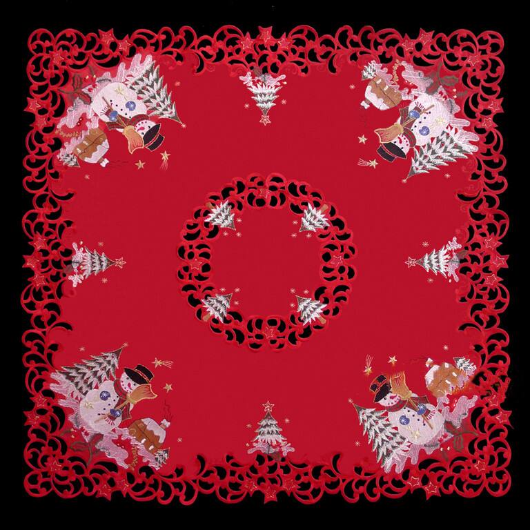 Jiallo - Snow Man Embroidered Cutwork Square Tablecloth, 44 inch square Table Linen - Red