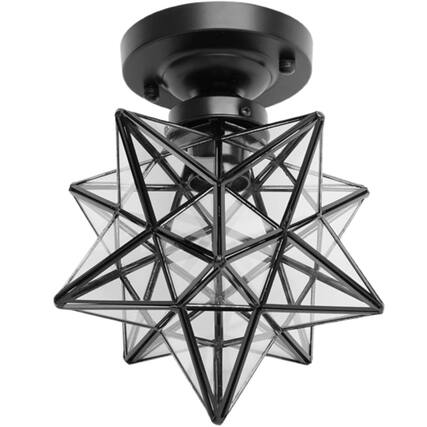 Front. Stock Preferred - Moravian Star Flush Mount Ceiling Light - Black with Clear Glass Panels.