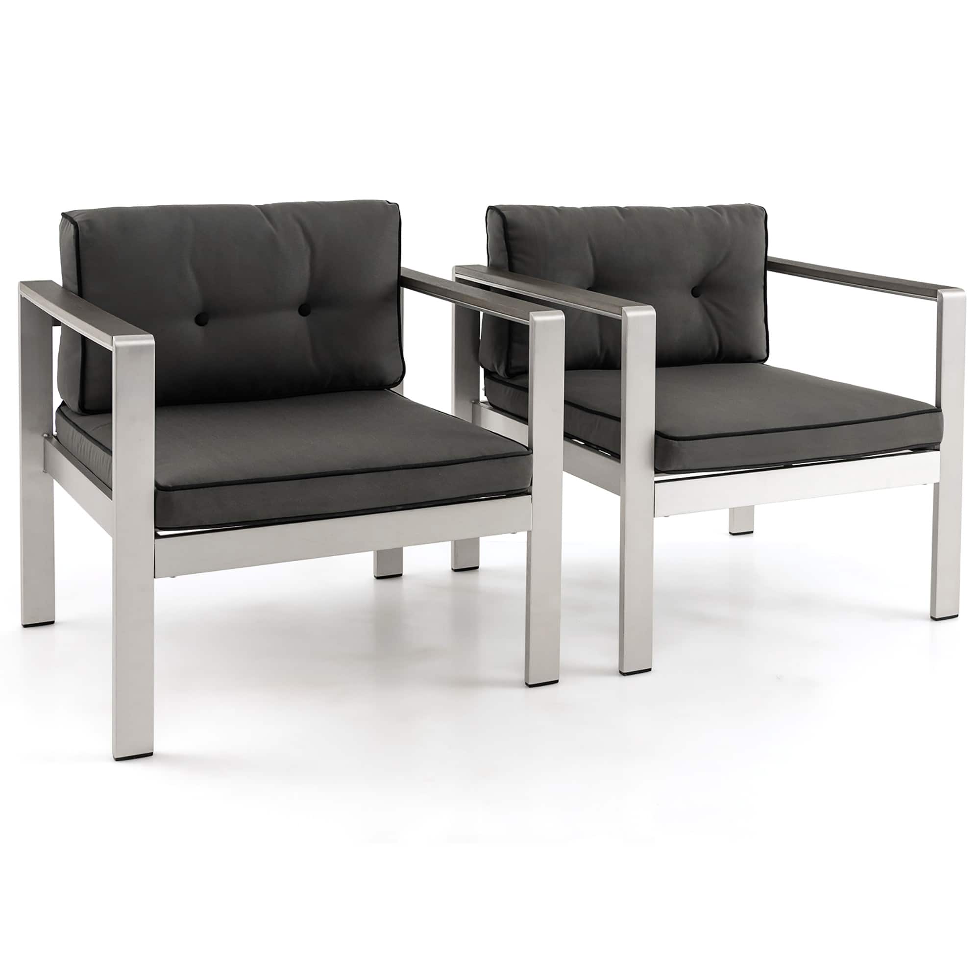 Gymax - 2 Pieces Patio Aluminum Armchair Contemporary Sofa Chair w/ WPC Armrests - Gray, Silver