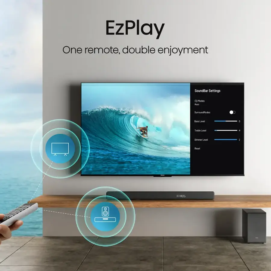 EzPlay One remote, double enjoyment SoundBar Settings T modes nusk SurroundModes Sess Level T treble Level a Dimeer Level 2 Foet Al.