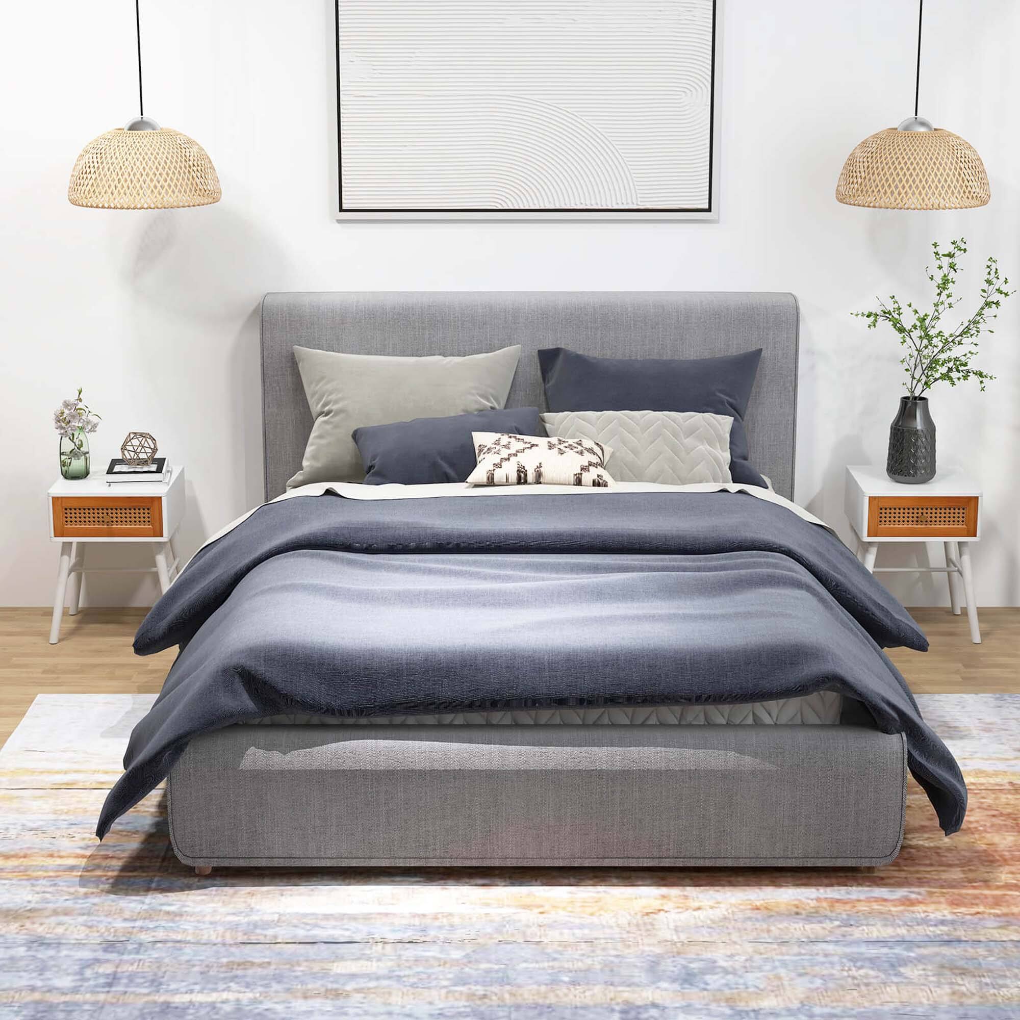 Alt View 1. Costway - 1 PCS Nightstand with Storage Drawer Rattan Decoration Solid Wood Legs for Bedroom - White + Brown.