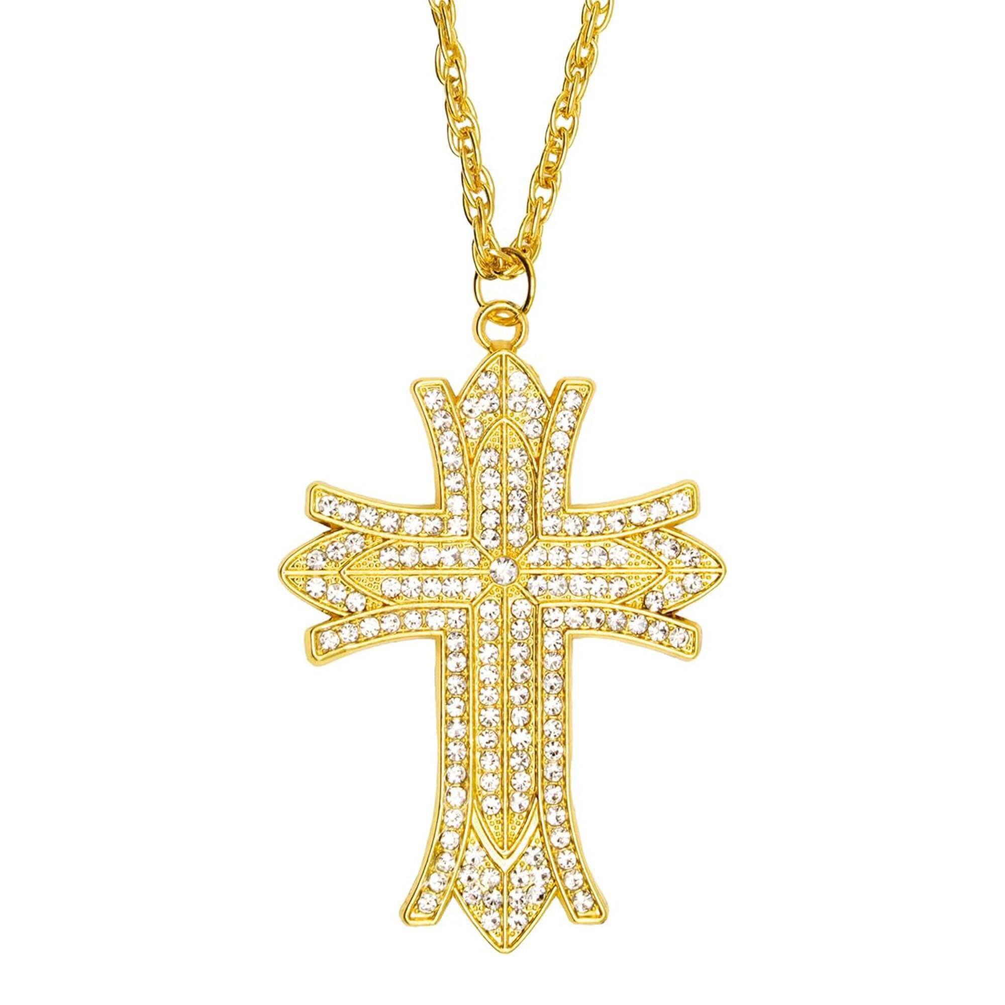 Front. Underwraps - Gold Rhinestone Cross Necklace Adult Costume Accessory - Gold.
