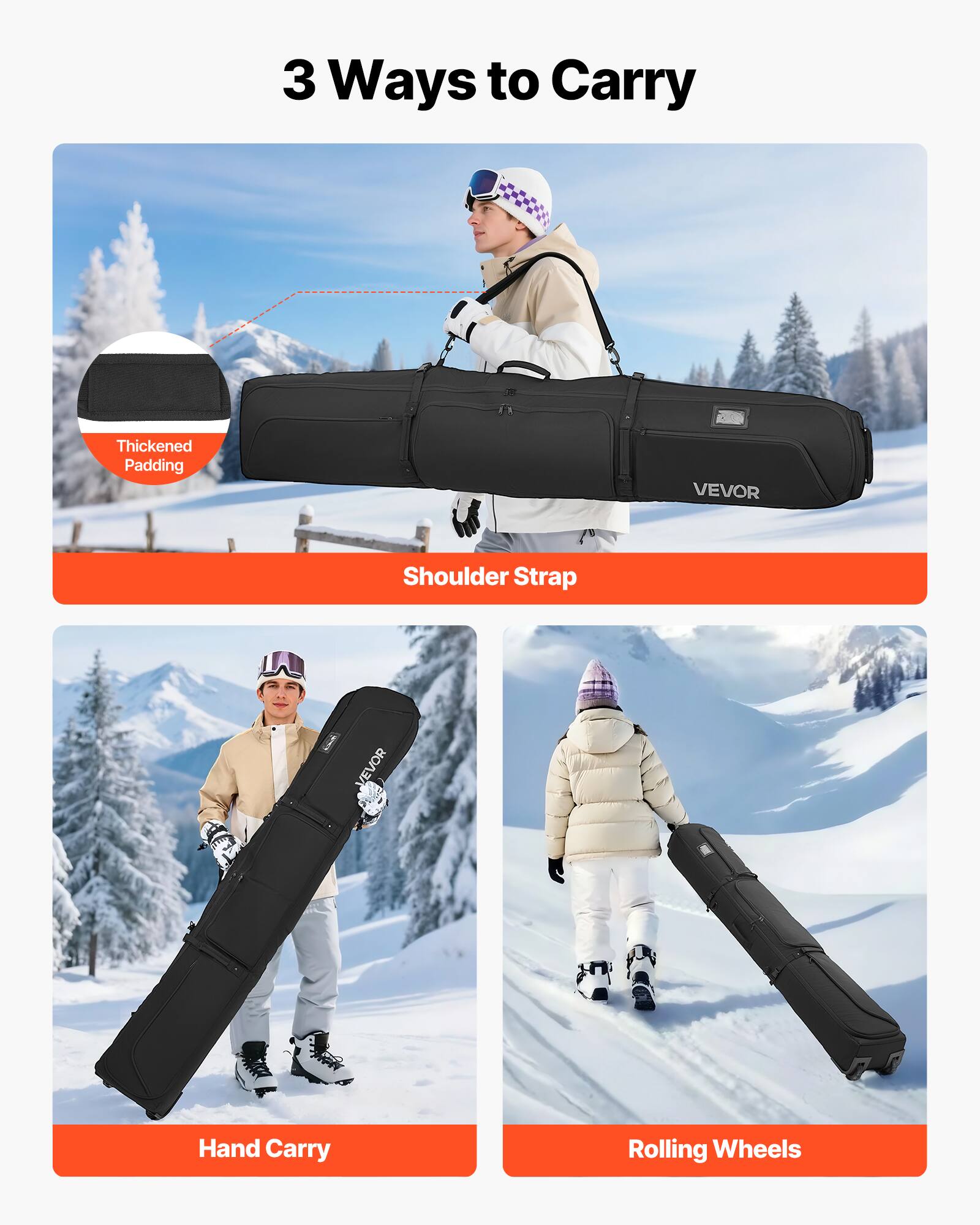 3 Ways to Carry

- Thickened Padding
- Shoulder Strap
- Hand Carry
- Rolling Wheels