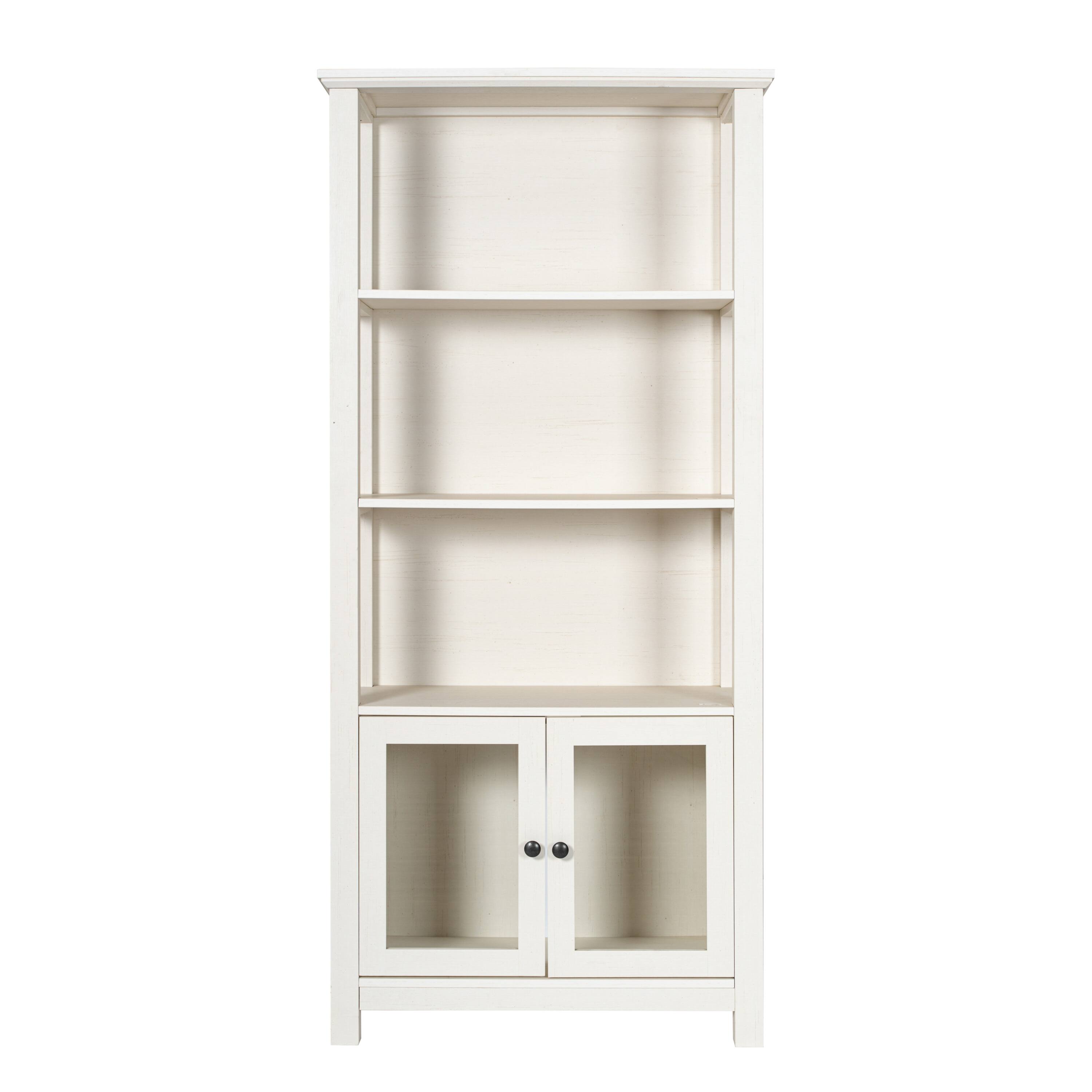 Angle. Flash Furniture - Stella Modern Farmhouse Wooden Bookcase and Storage Cabinet with Tempered Glass Doors and 3 Upper Shelves in White - White.