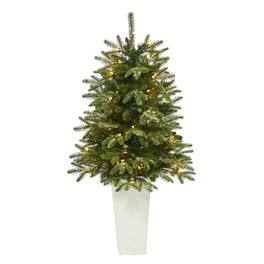 BreeBe - 44" Snowed Teton Fir Xmas Tree with 50 Lights in Red Planter - White