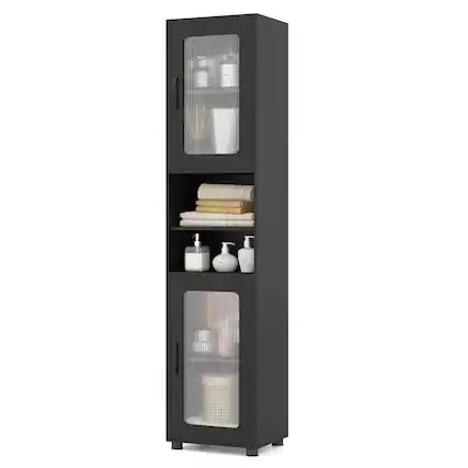 Front. Costway - Costway Bathroom Cabinet, Slim Floor Storage Cabinet with 2 Fluted Doors,4 Rubber Feet - Black.