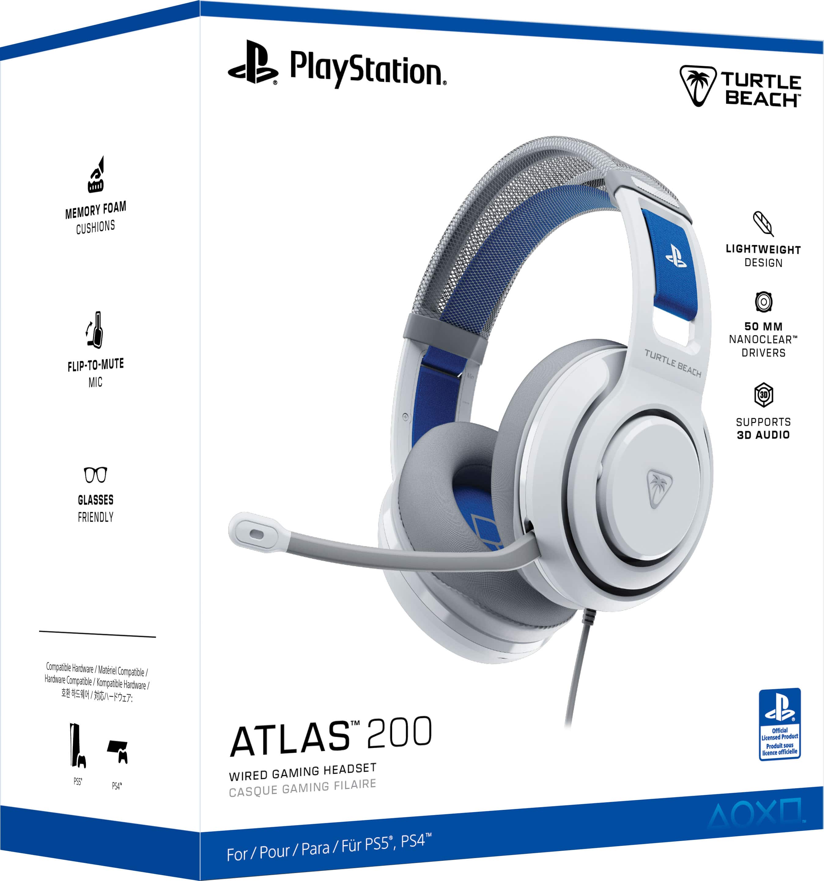 PlayStation. TURTLE BEACH ATLAS 200 GAMING HEADSET WIRED GAMING HEADSET / CASQUE GAMING FILAIRE For / Pour / Para PS5*, PS4. Features: MEMORY FOAM CUSHIONS, LIGHTWEIGHT DESIGN, FLIP-TO-MUTE MIC, 50 MM NANOCLEAR DRIVERS, 3D AUDIO, GLASSES FRIENDLY. Compatible with Hardbear, Matinelle, Pechware, Compatible Hardware.