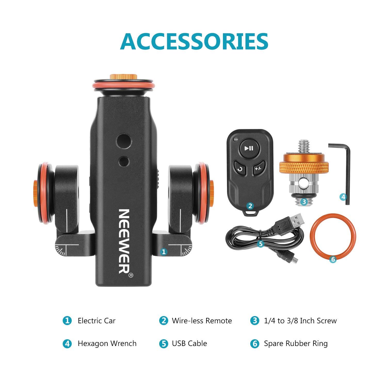 ACCESSORIES

1. Electric Car
2. Wire-less Remote
3. 1/4 to 3/8 Inch Screw
4. Hexagon Wrench
5. USB Cable
6. Spare Rubber Ring
