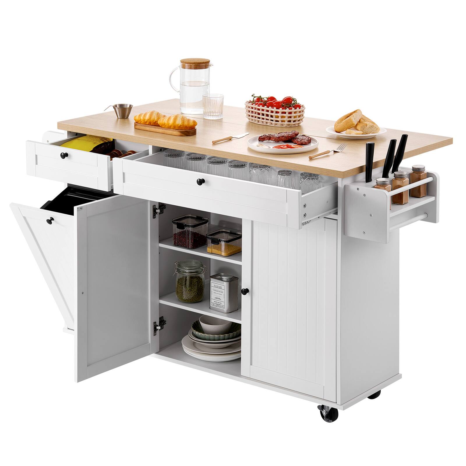 Alt View 5. VEVOR - Kitchen Island Cart with Storage, 60in Wide Mobile Kitchen Cart with Wheels, Drop Leaf, 2 Drawers, Trash Can Cabinet - White.
