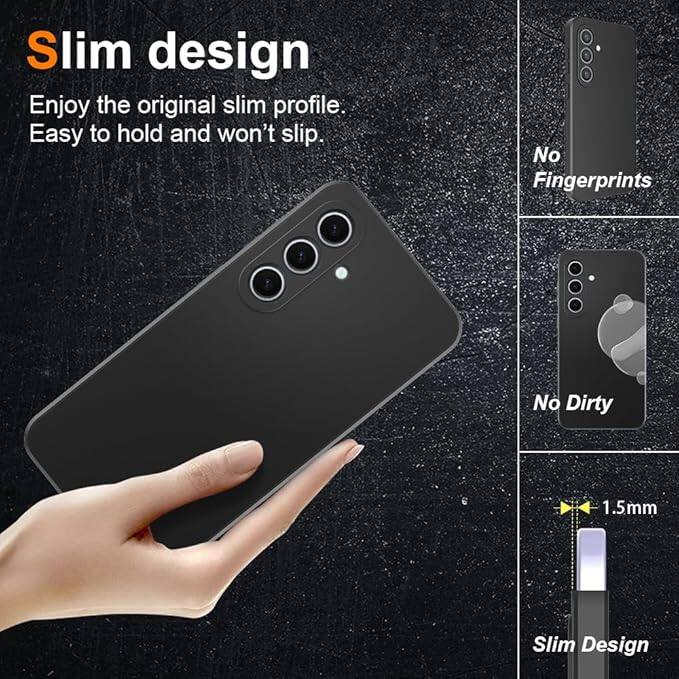 Sure, here is the corrected and grouped text from the image:

---

**Slim design**

Enjoy the original slim profile.  
Easy to hold and won't slip.

- No Fingerprints
- No Dirty

1.5mm Slim Design

---