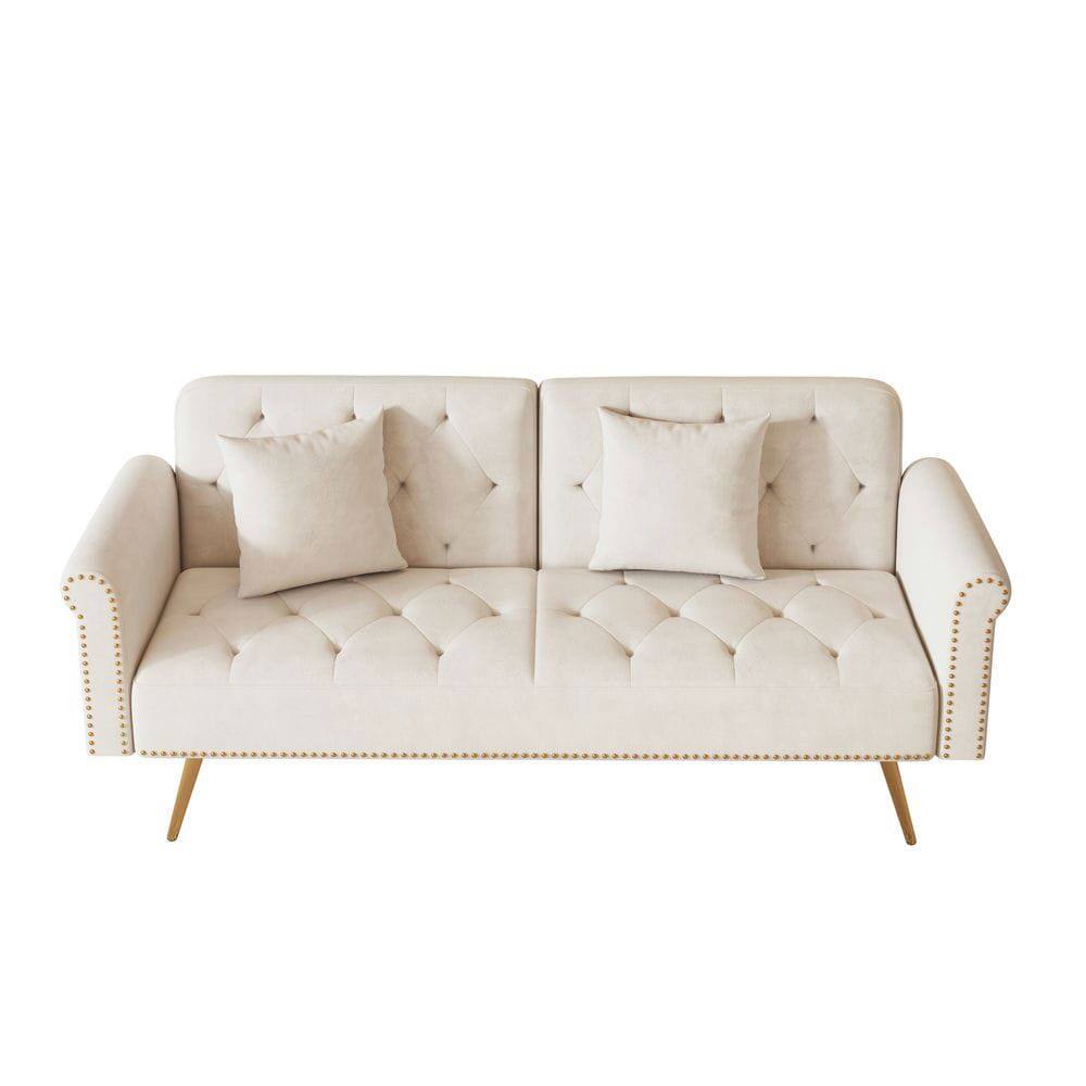 Left. Resenkos - 69.7" Velvet Sofa Bed with Nail Head Trim & Matching Throw Pillow - Beige.