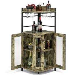 Ecooso - Industrial Corner Sideboard Cabinet Organizer with Glass Holder and Adjustable Shelf for Dining Room - Brown