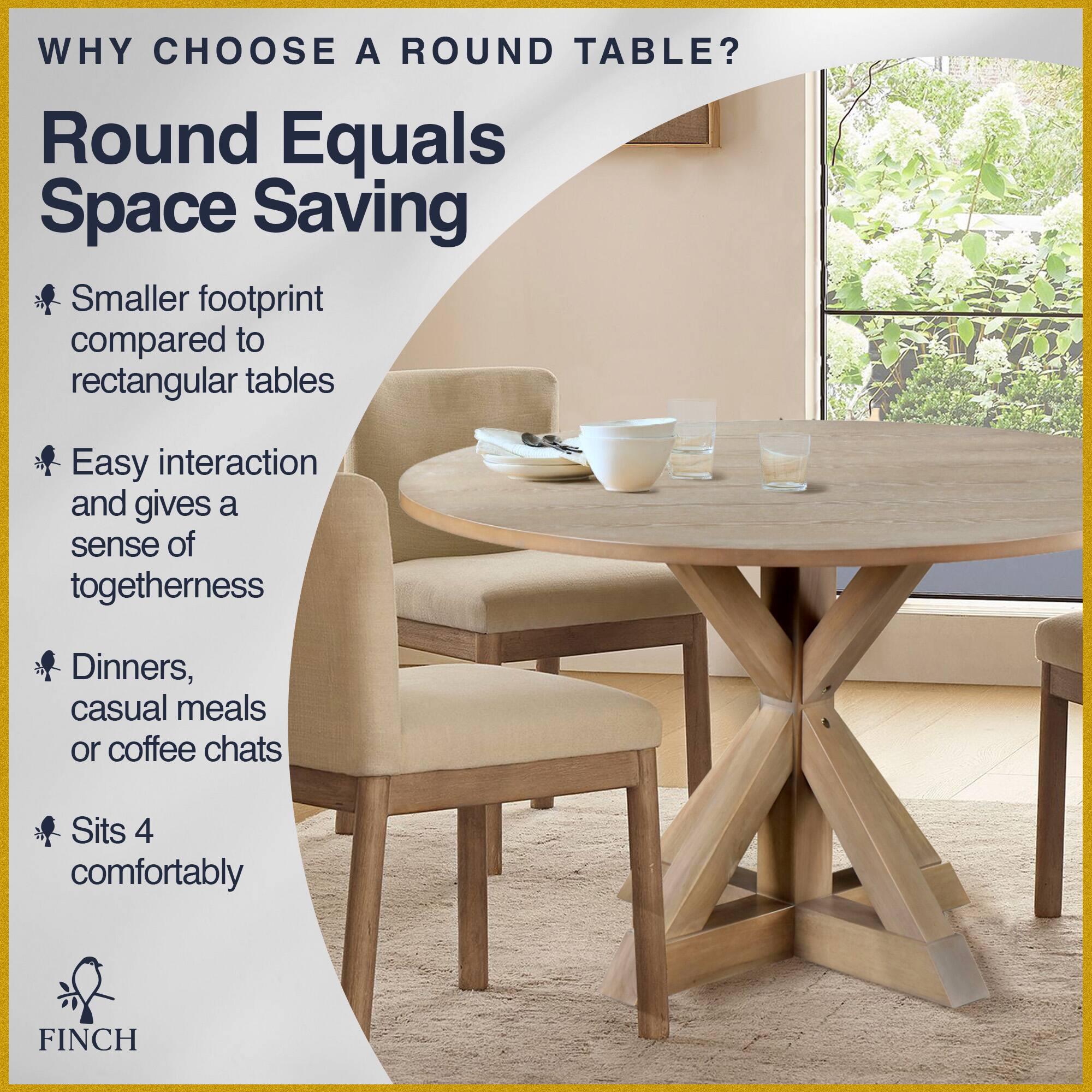 Alt View 13. Finch - Alfred Round Modern Farmhouse Rubberwood Table - Rustic Beige.