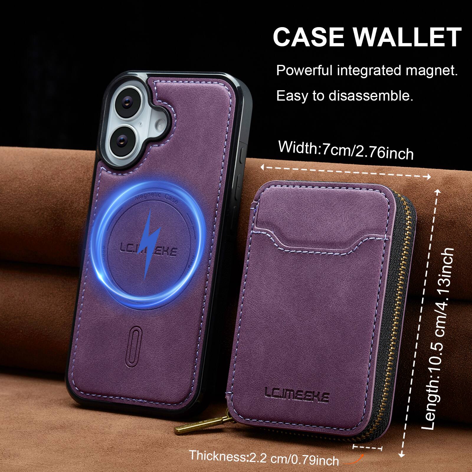 CASE WALLET  
Powerful integrated magnet.  
Easy to disassemble.  

Width: 7cm/2.76inch  
Thickness: 2.2 cm/0.79inch  
Length: 10.5 cm/4.13inch