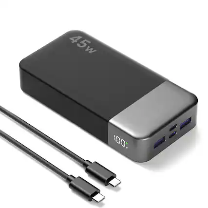Front. PRIMEPLUS - 45W 20000mAh Fast Charging Power Bank, 4-Port Portable Charger for iPhone MacBook, Digital Display, ATL Safe Cells - Black.