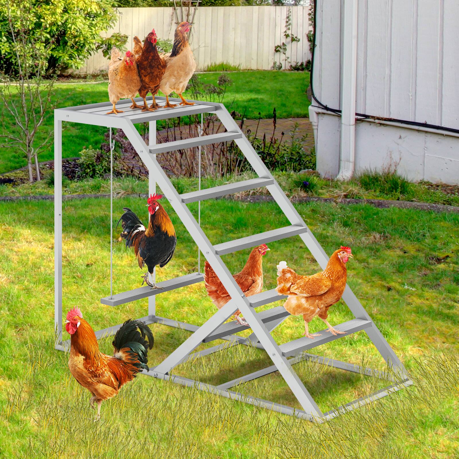 Angle. Oumilen - Grey Metal Chicken Perch Playstand with Single Side Ladder & Hanging Swing - Gray.