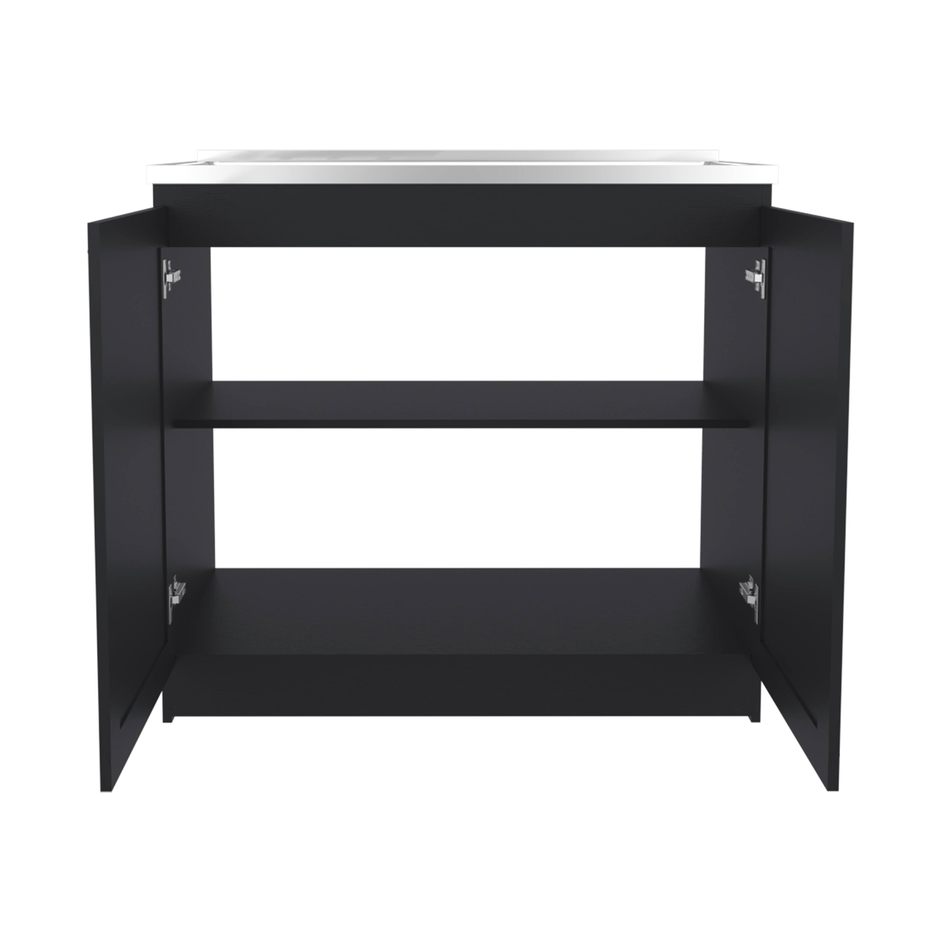Angle. TinyHomie - 36 Inch H Black Wengue Utility Sink Cabinet 2 Doors 2 Shelves - Black.