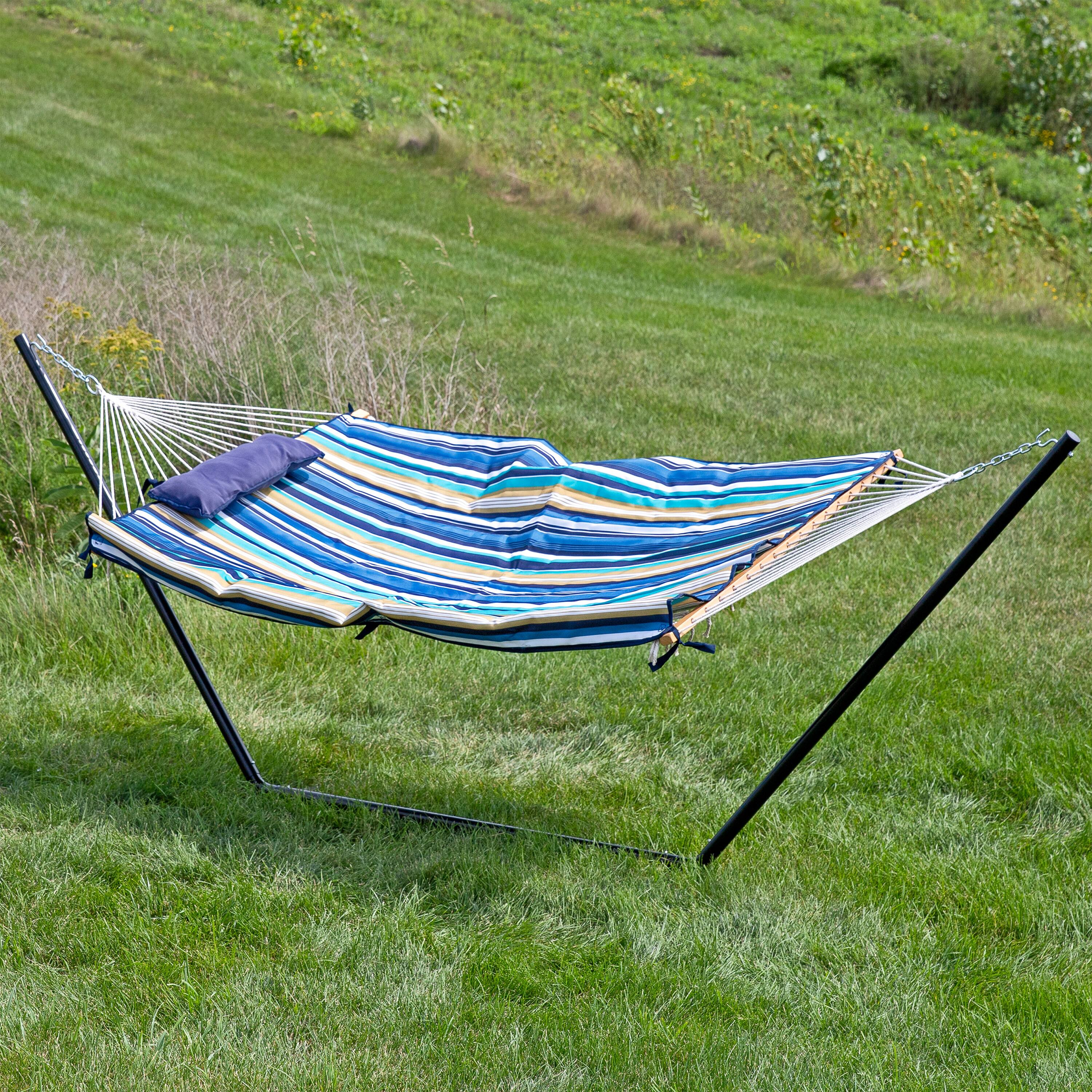 Alt View 5. Sunnydaze - 2-Person Rope Hammock with Steel Stand and Pad/Pillow - Lakeview.