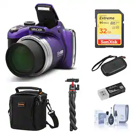 Bundle - Minolta - MN53Z 16MP FHD Digital Camera with 53x Optical Zoom, Wi-Fi, Purple with Shoulder Bag, Octopus Tripod,