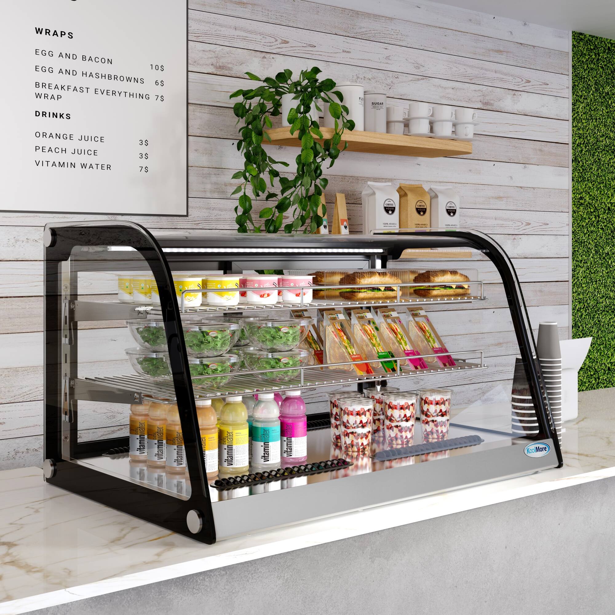 Wraps: Egg and Bacon $10, Hashbrowns $6. Breakfast Wrap: Everything $7. Drinks: Orange Juice $3, Peach Juice $3, Vitamin Water $7.