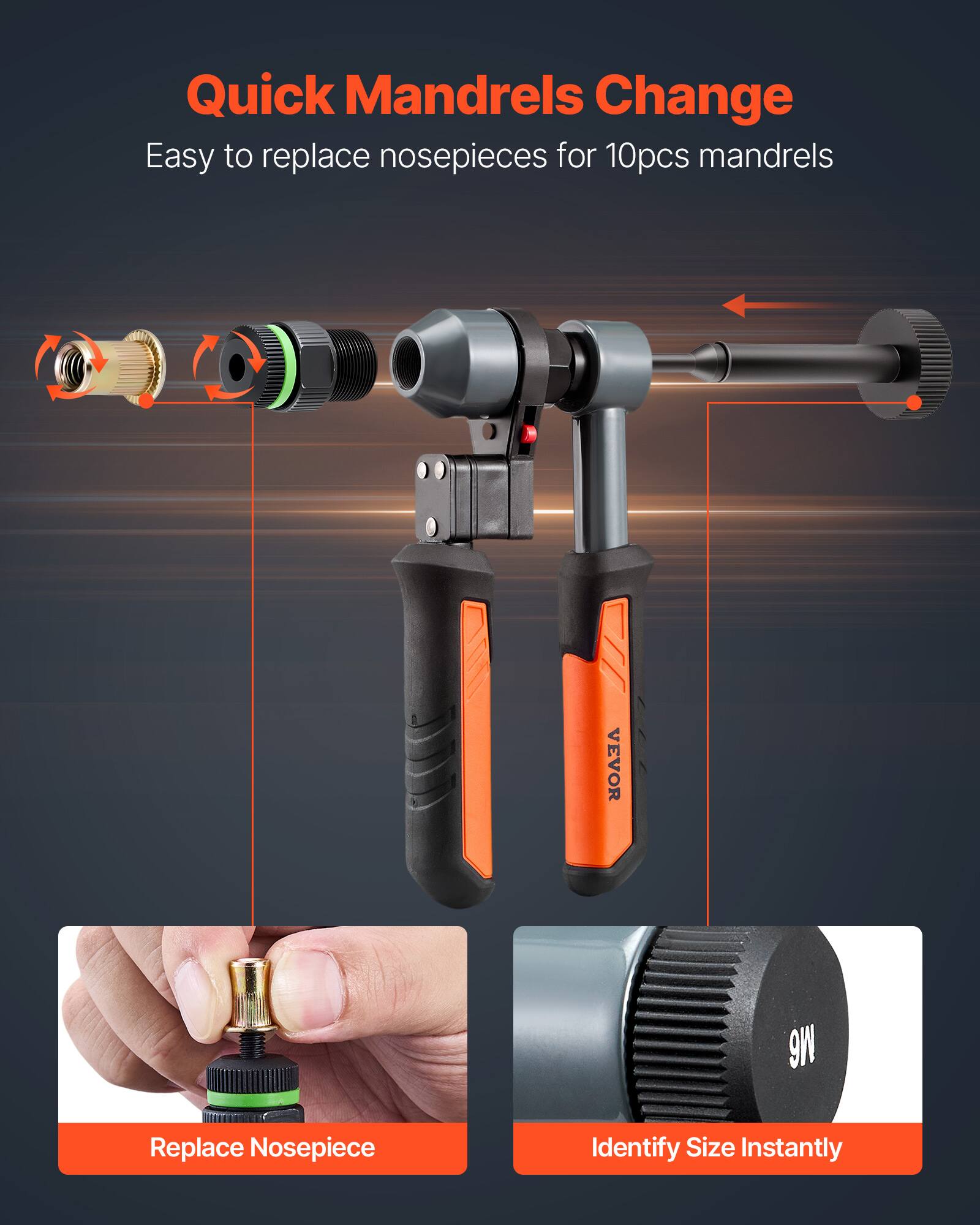 Quick Mandrels Change  
Easy to replace nosepieces for 10pcs mandrels  

VEVOR  

Replace Nosepiece  

Identify Size Instantly