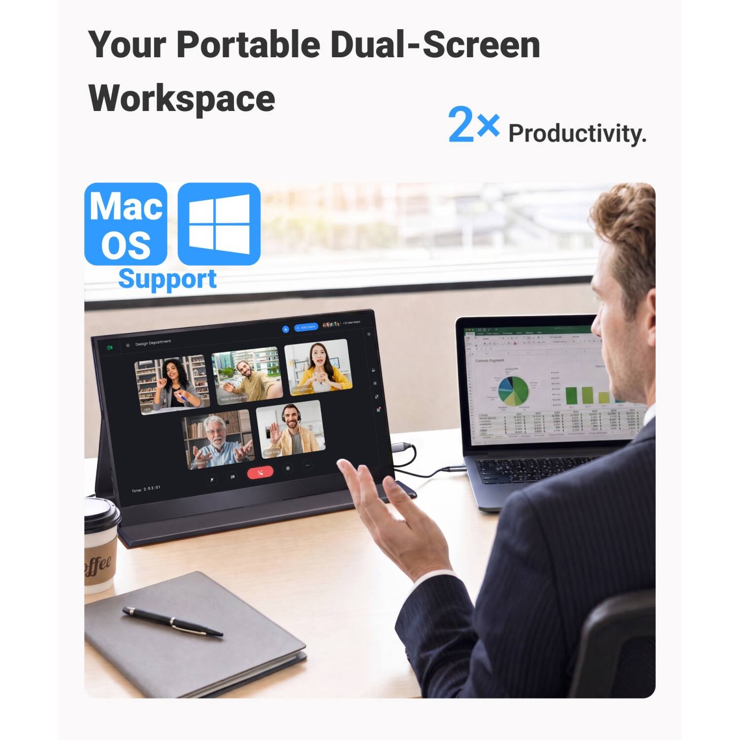 Your Portable Dual-Screen Workspace  
2x Productivity.  

Mac OS Support  

Design Department  
CommenTagement  
MAY theingtim  

for 2.53.00