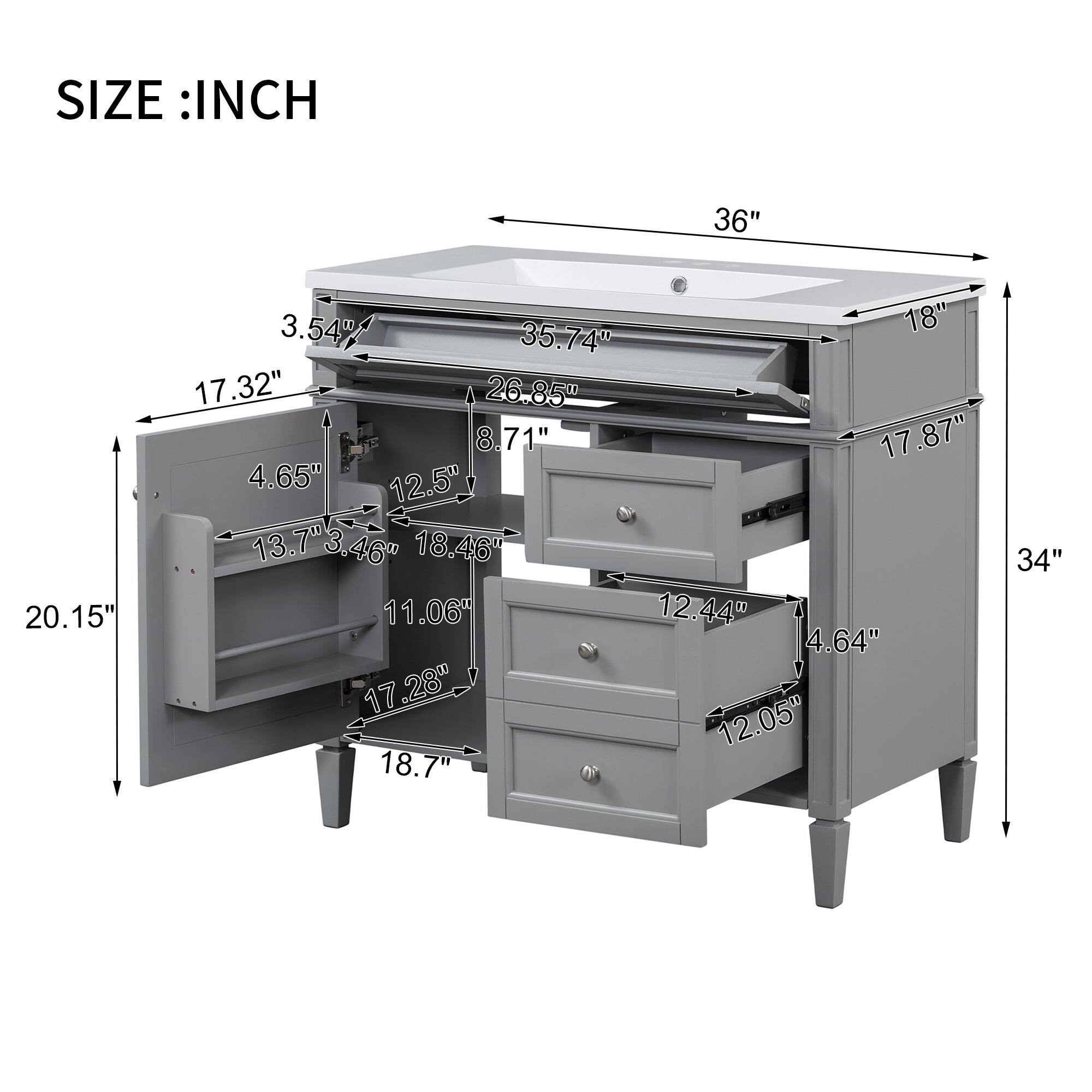 SIZE : INCH  
36"  
20.15"  
3.54"  
18"  
35.74"  
17.32"  
26.85"  
8.71"  
17.87"  
4.65"  
12.50"  
13.7"  
3.46"  
18.46"  
11.06"  
12.44"  
4.64"  
17.28"  
12.05"  
18.7"  
34"