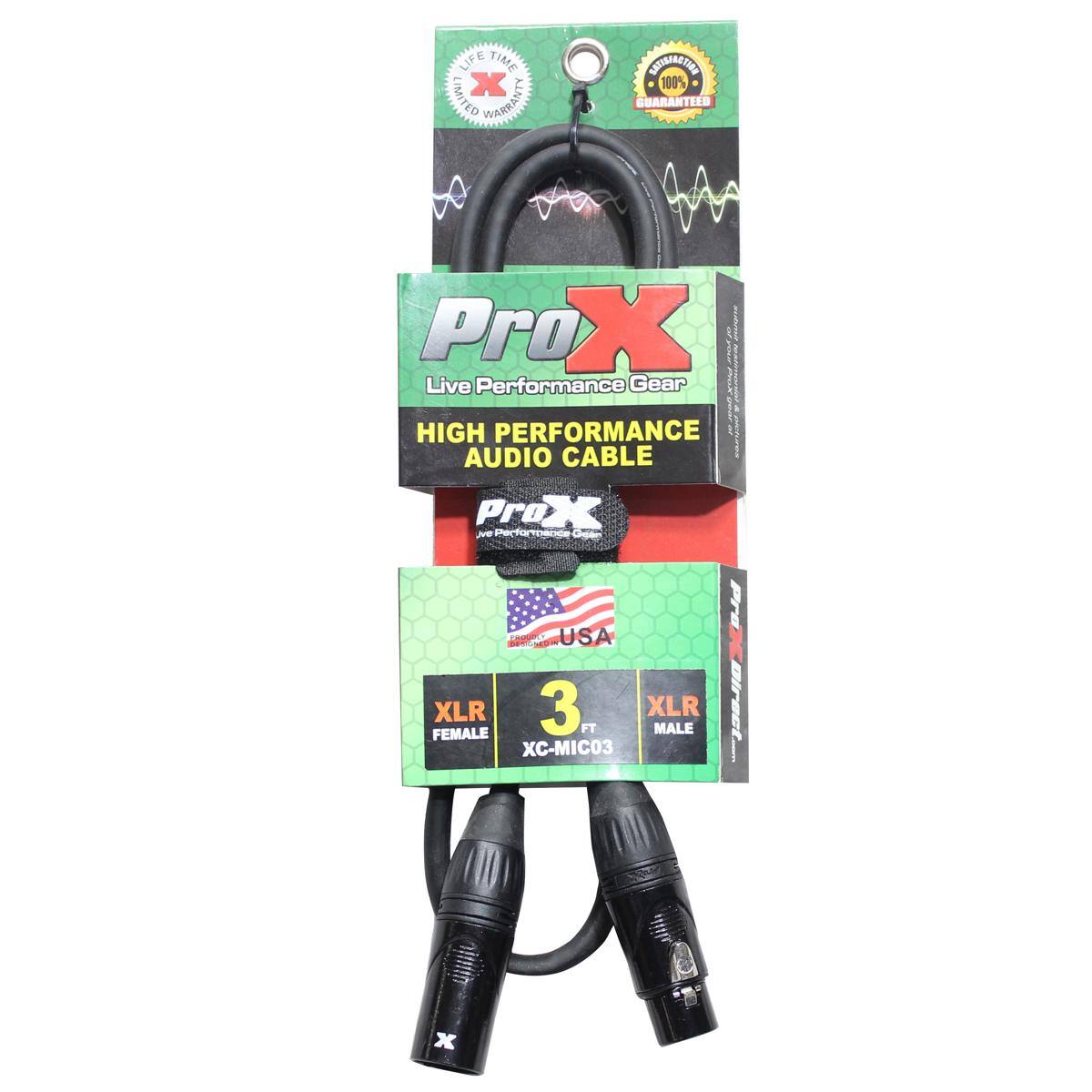 LIFE TIME LIMITED X WARRANTY  
CONTRACT 100% GUARANTEED  
Pro X Live Performance Gear HIGH PERFORMANCE AUDIO CABLE  
ProX Live Performance Gear DESIGNED IN USA XLR 3 FT MALE FEMALE XC-MIC03  
Pro Direct.com